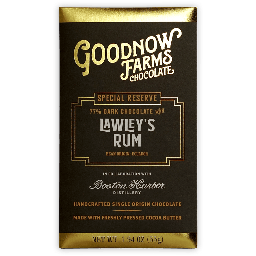 Goodnow Farms Lawleys Rum 77% dark chocolate bar in black gold wrapper