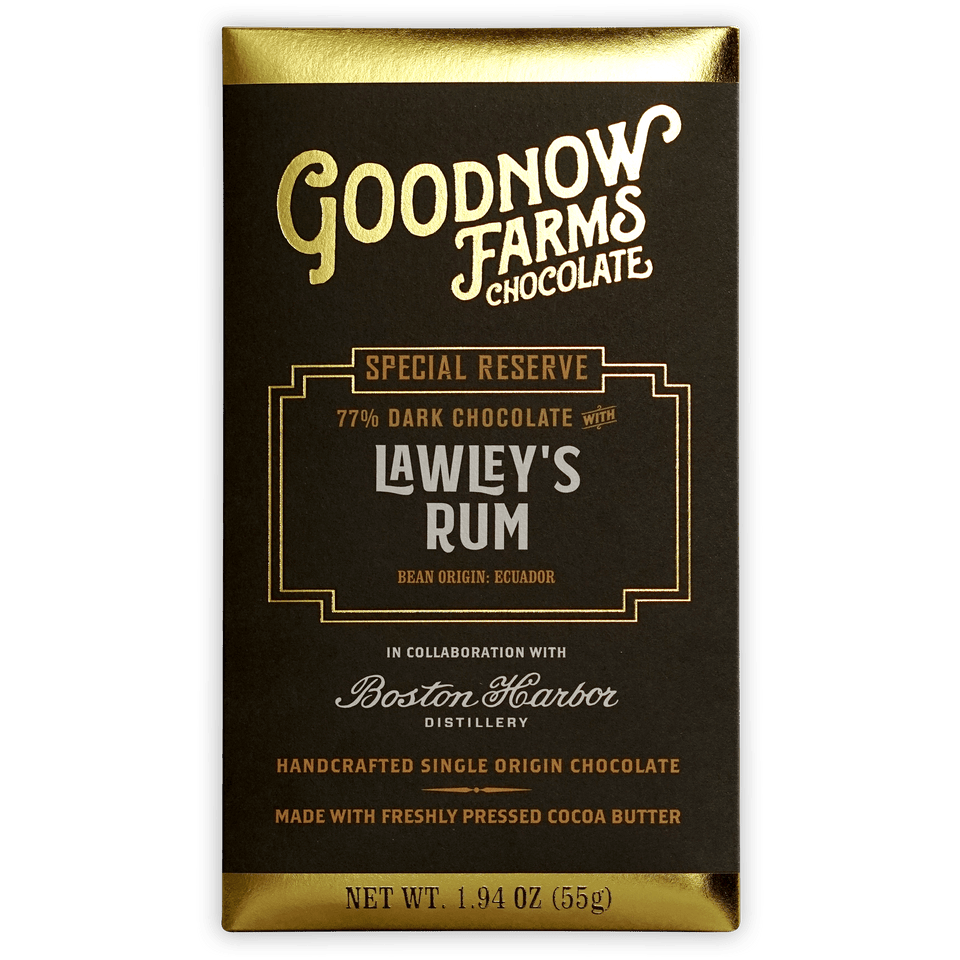 Goodnow Farms Lawleys Rum 77% dark chocolate bar in black gold wrapper