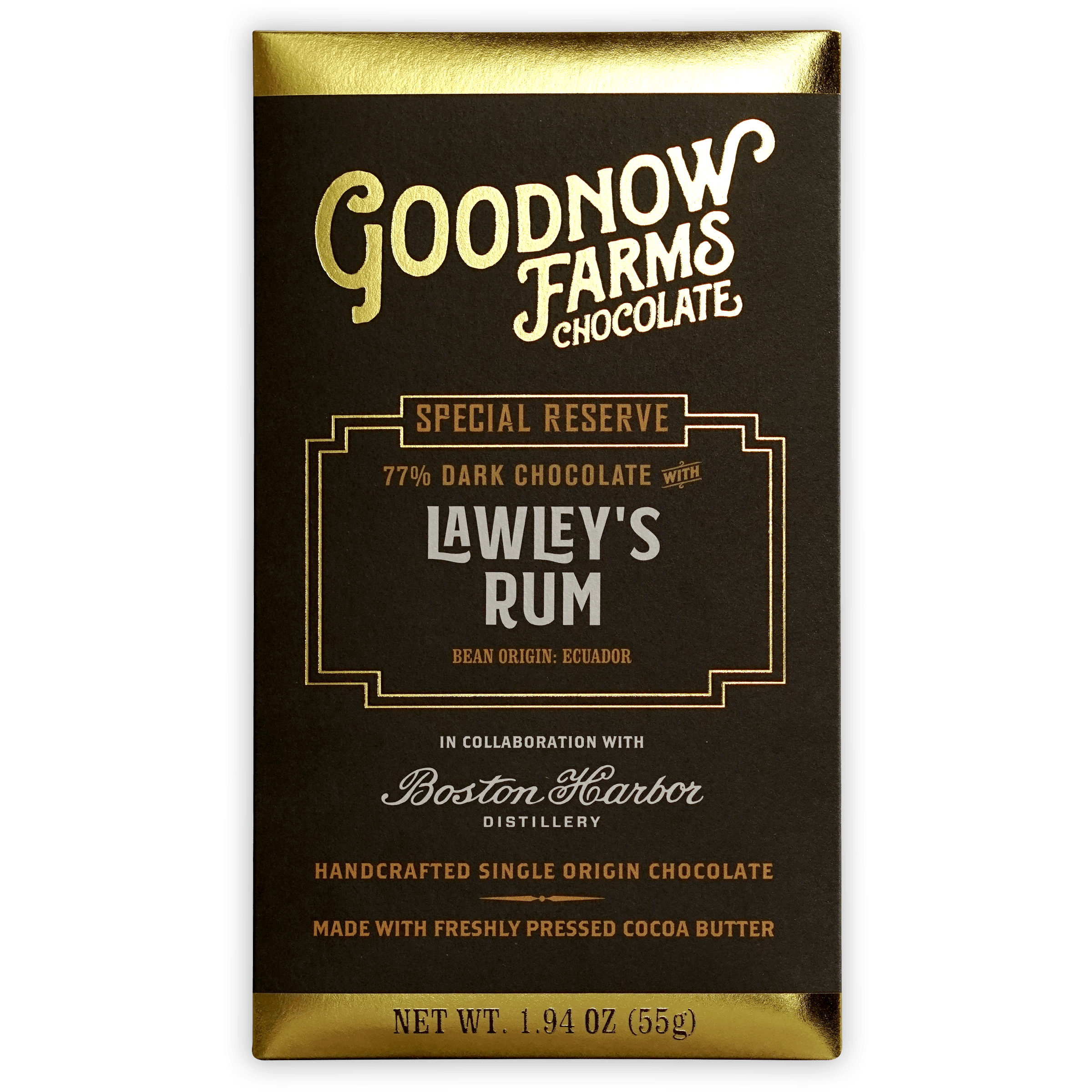 Goodnow Farms Lawleys Rum 77% dark chocolate bar in black gold wrapper