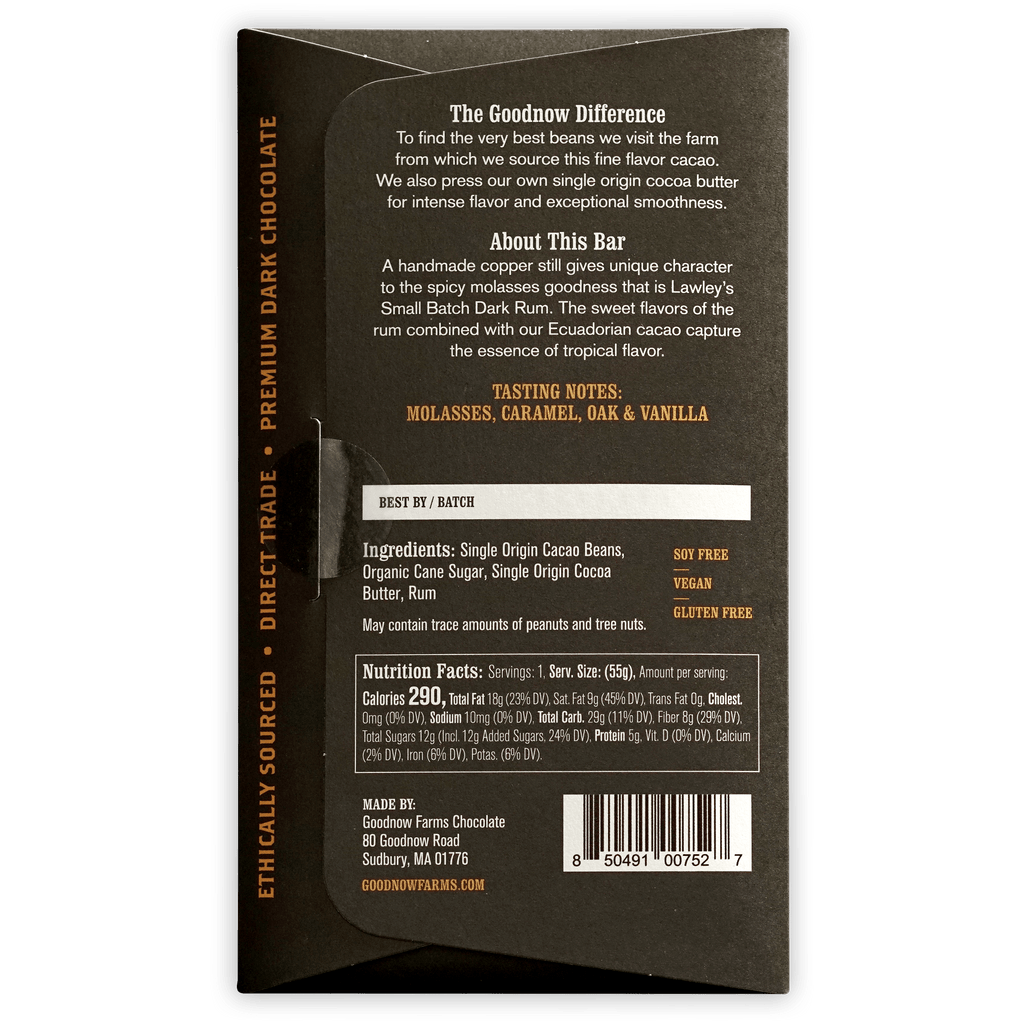 Goodnow Farms Lawleys Rum 77% dark chocolate bar wrapper with gold text