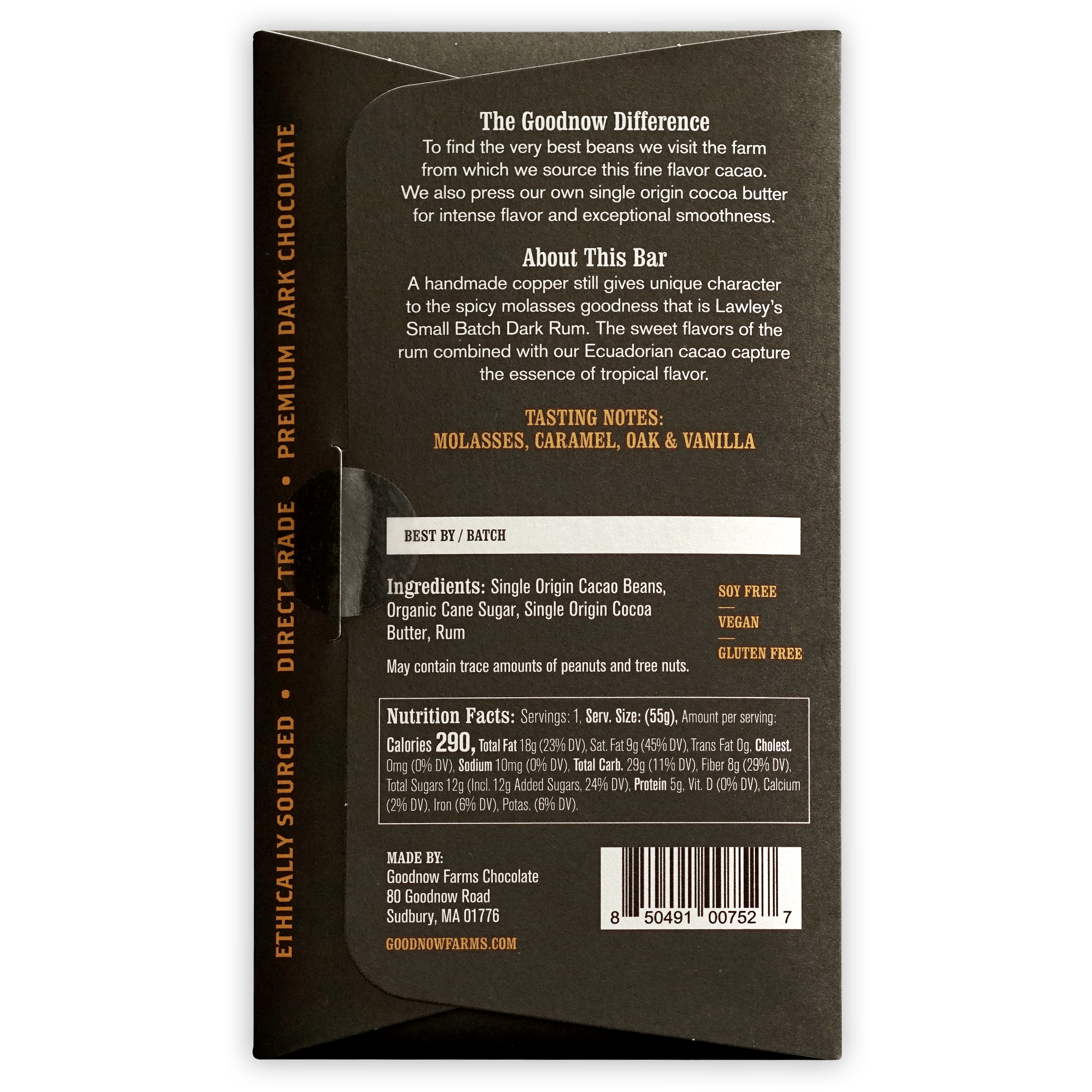 Goodnow Farms Lawleys Rum 77% dark chocolate bar wrapper with gold text