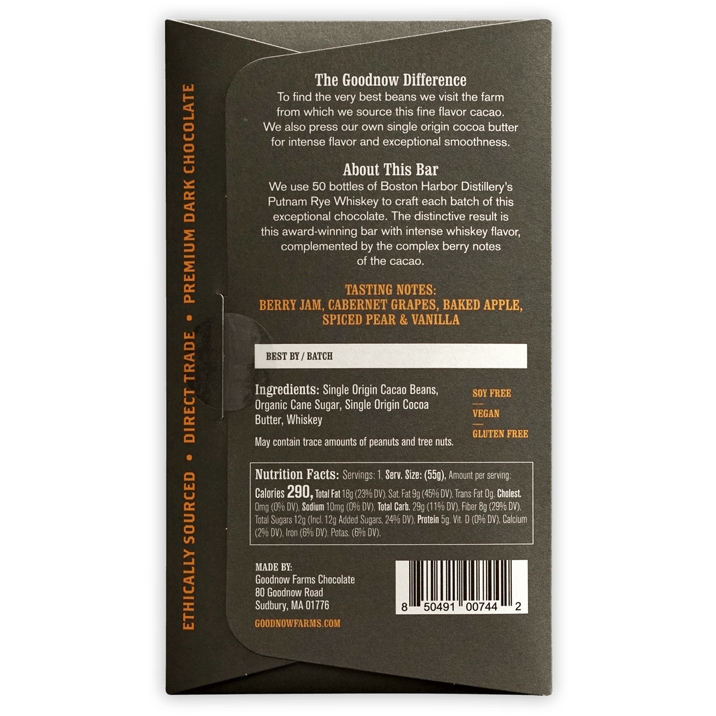 Goodnow Farms Putnam Rye Whiskey 77% dark chocolate bar back wrapper