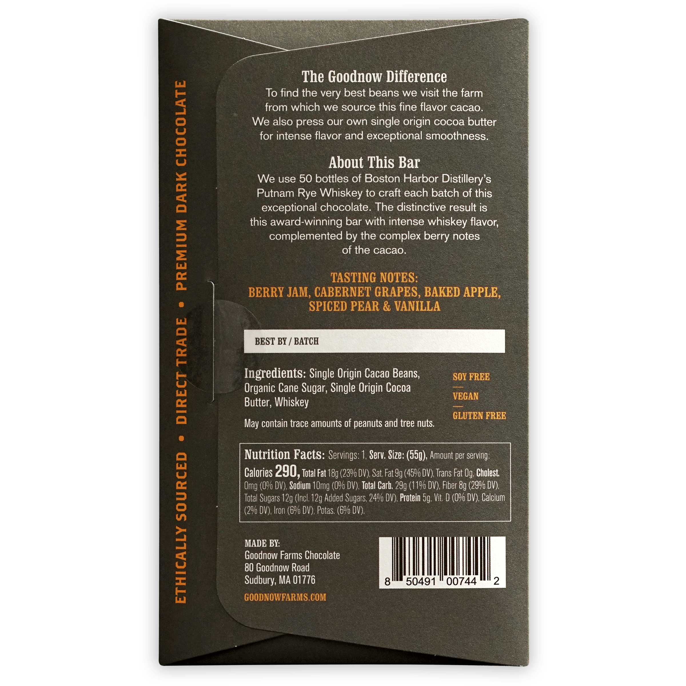 Goodnow Farms Putnam Rye Whiskey 77% dark chocolate bar back wrapper