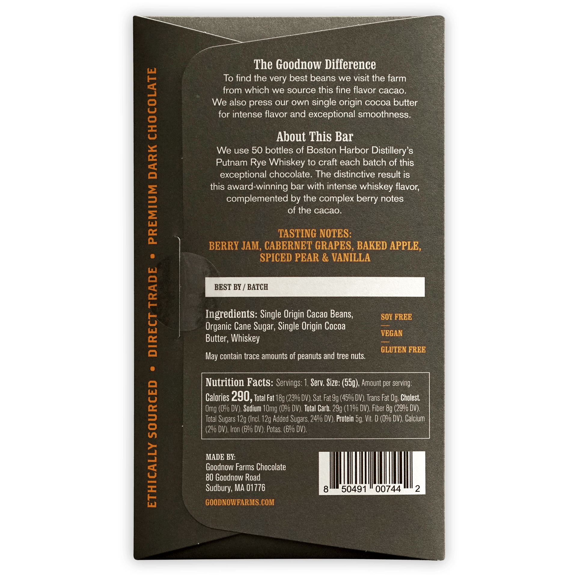 Goodnow Farms Putnam Rye Whiskey 77% dark chocolate bar back wrapper