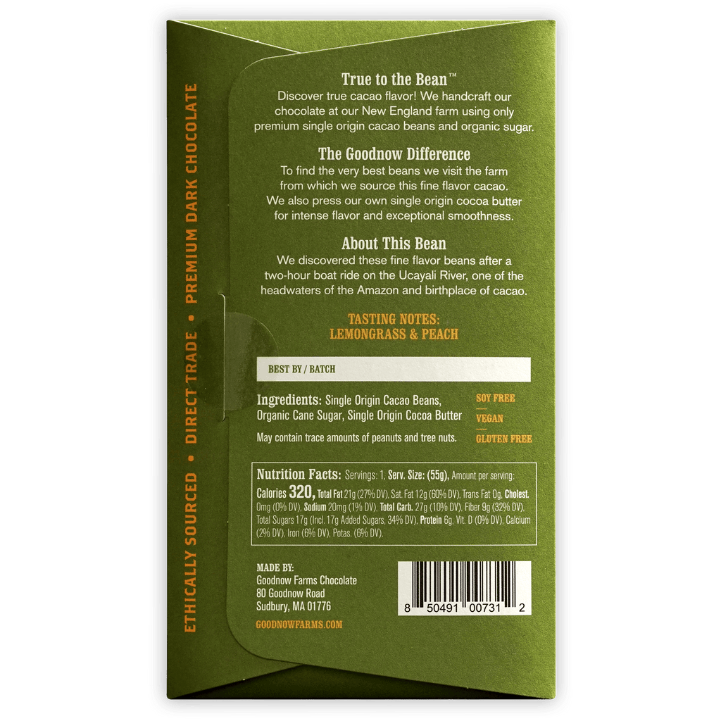 Goodnow Farms Ucayali 70% green wrapper back with organic single-origin cacao, lemongrass peach flavor