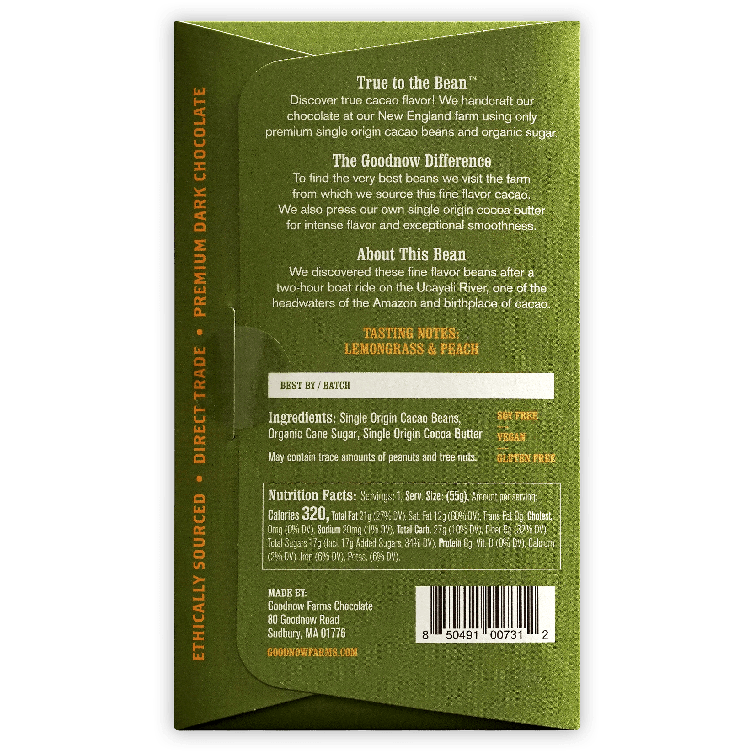Goodnow Farms Ucayali 70% green wrapper back with organic single-origin cacao, lemongrass peach flavor