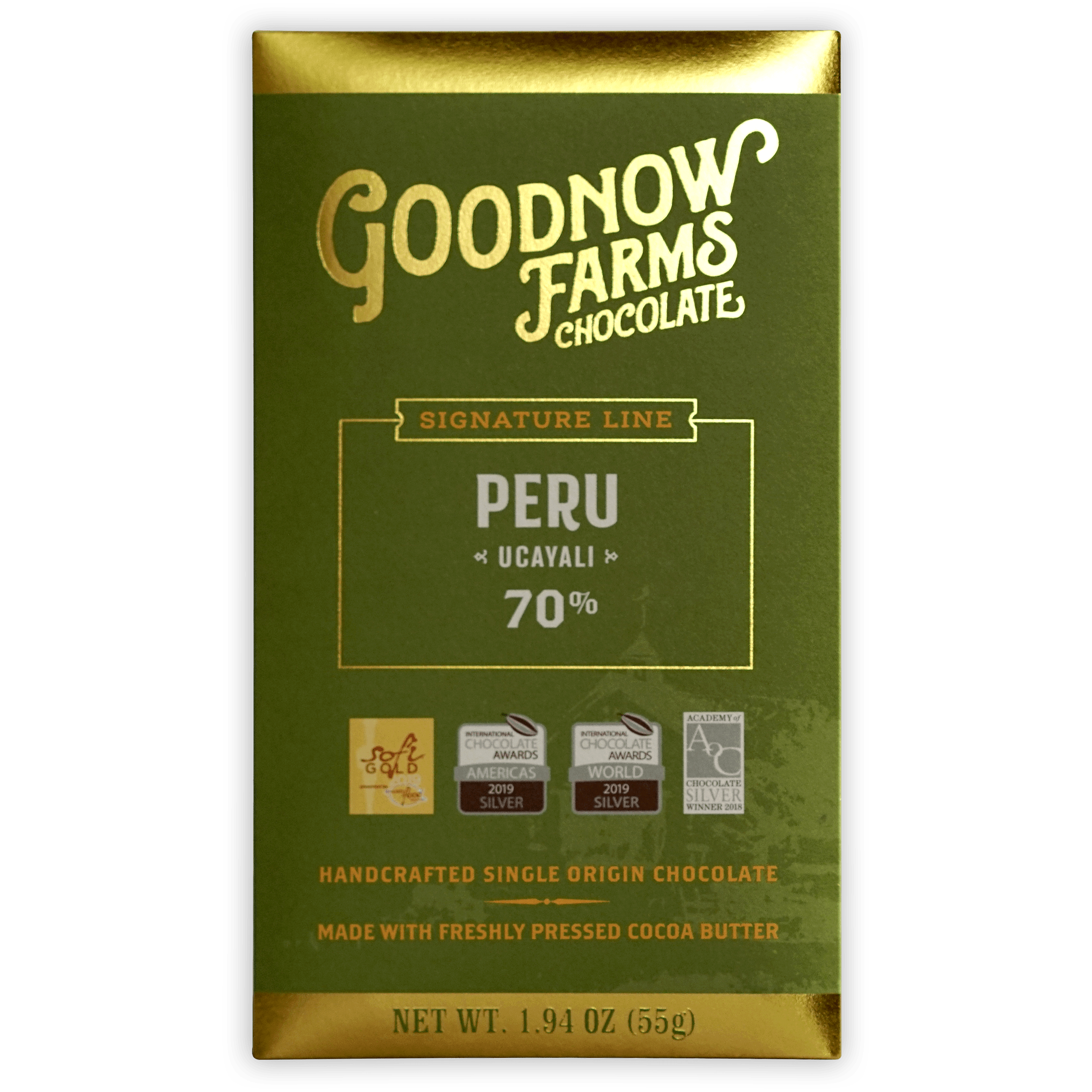 Goodnow Farms Ucayali 70% Peru single origin chocolate bar in green gold foil