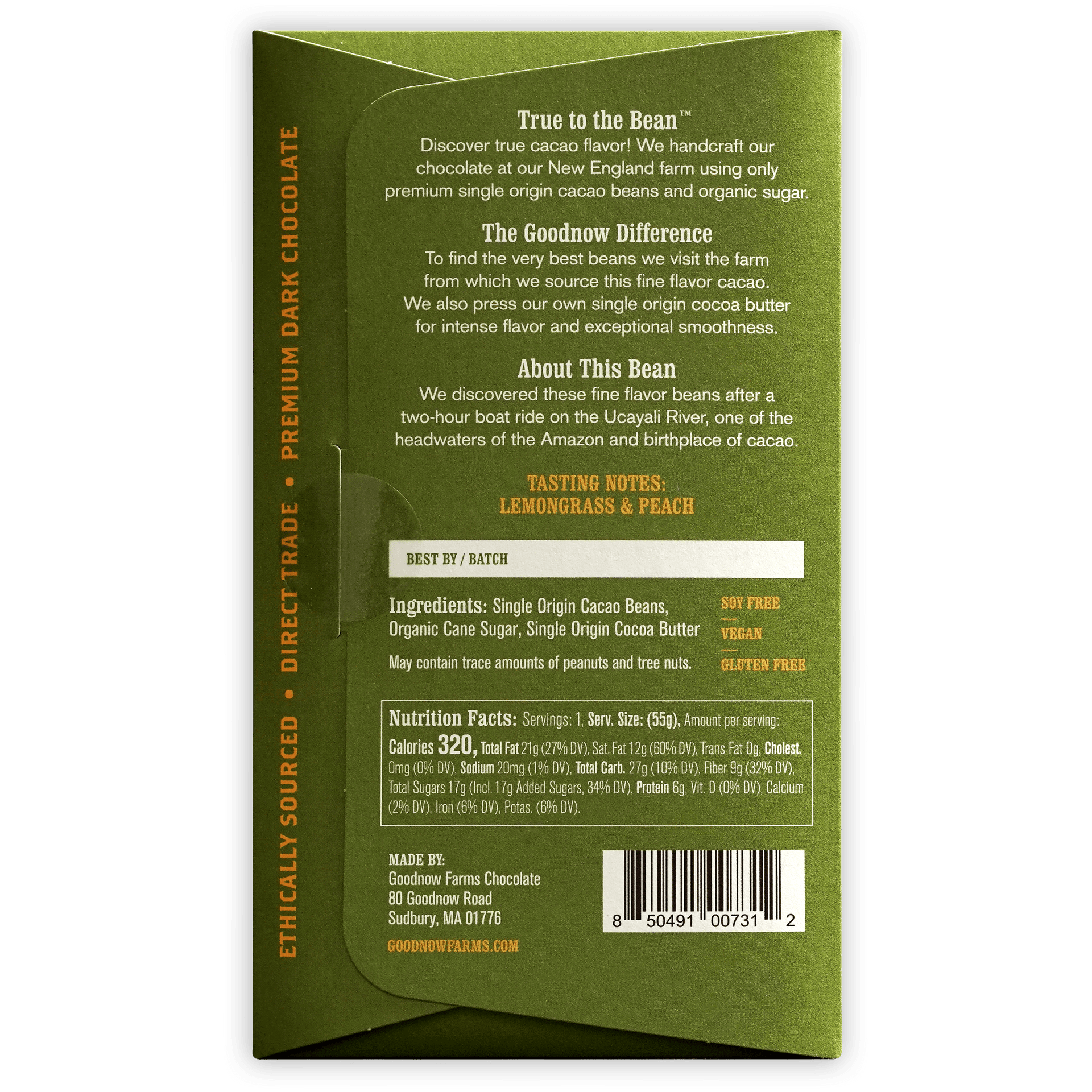 Goodnow Farms Ucayali 70% green wrapper back with organic single-origin cacao, lemongrass peach flavor