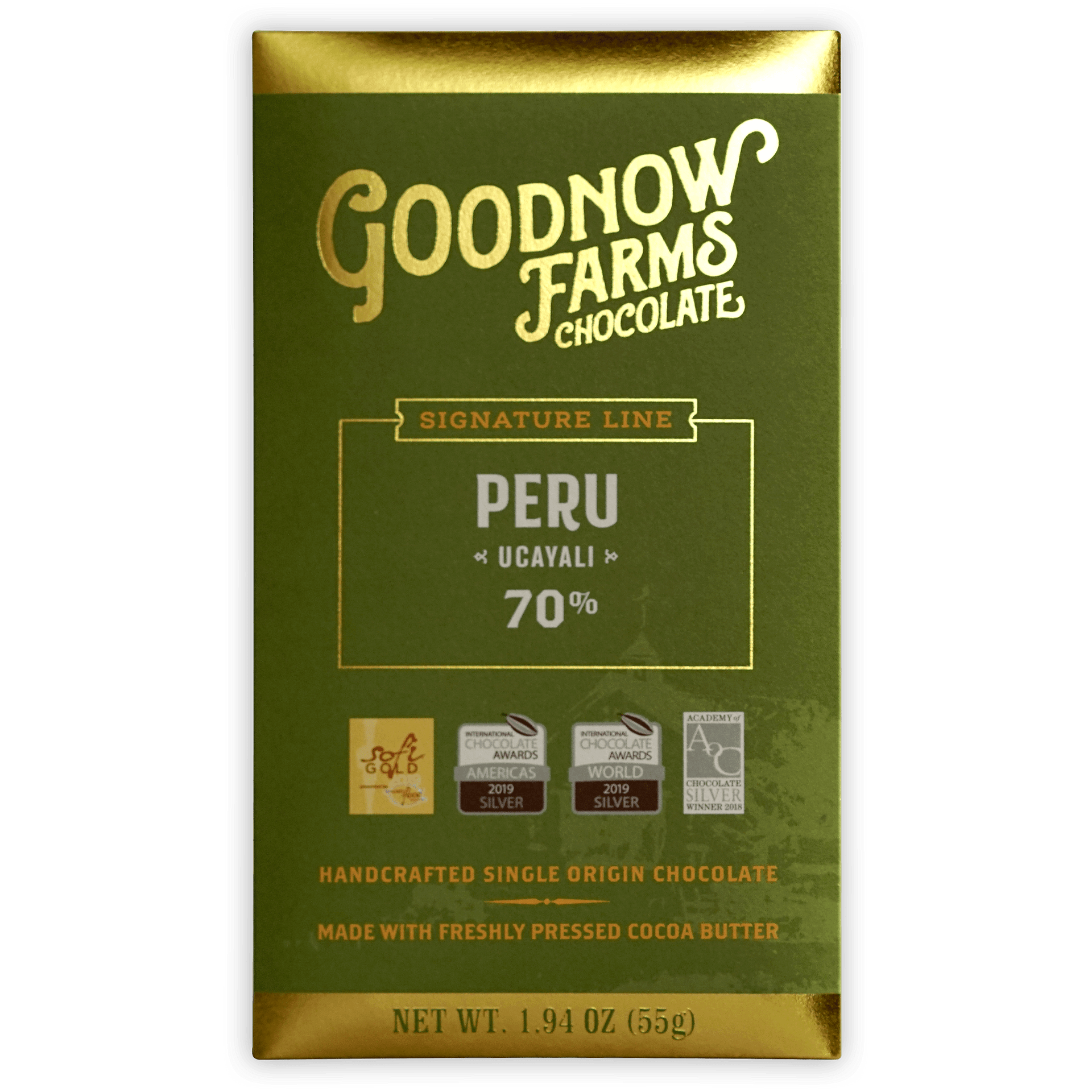 Goodnow Farms Ucayali 70% Peru single origin chocolate bar in green gold foil