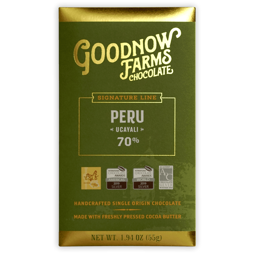 Goodnow Farms Ucayali 70% Peru single origin chocolate bar in green gold foil