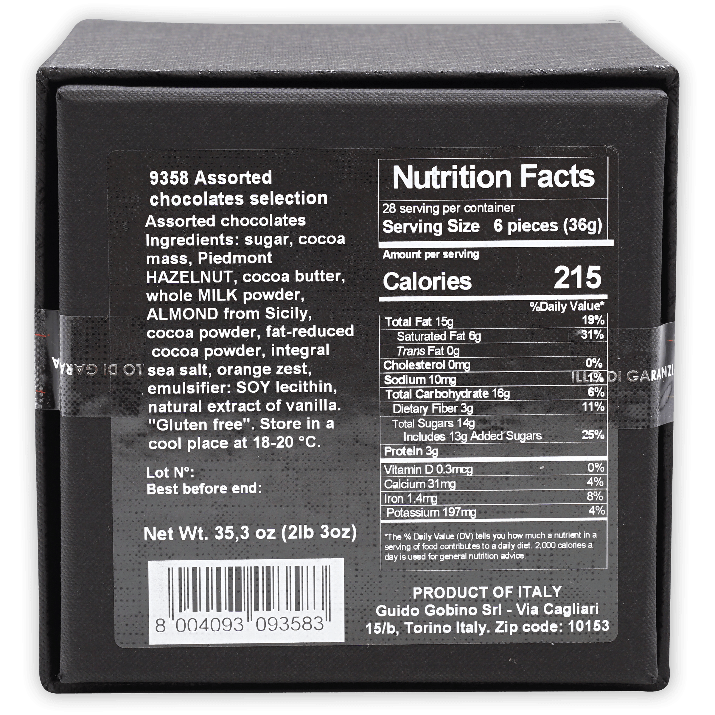 Back of Guido Gobino Assorted Chocolate Cube XL Box, 9358 assorted chocolates with nutrition facts
