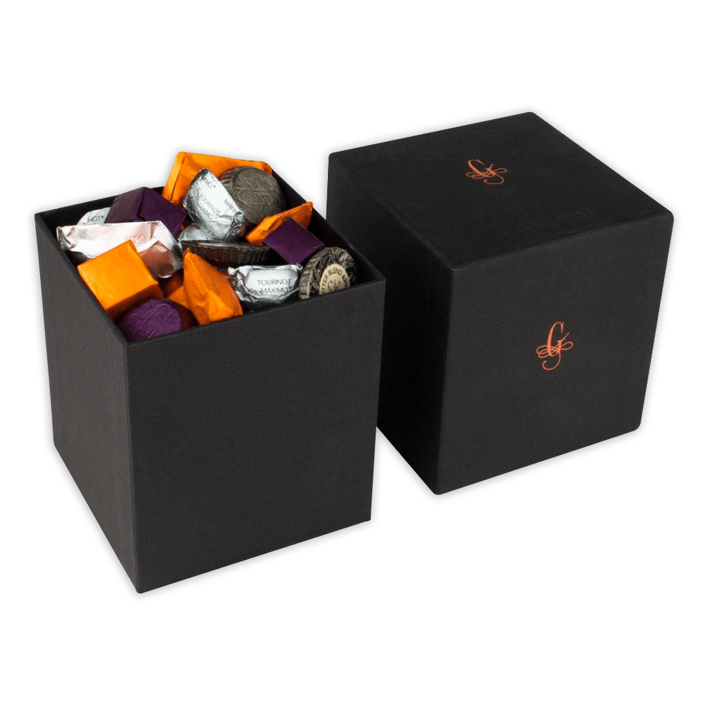 Guido Gobino XL chocolate cube gift box with orange purple foil chocolates