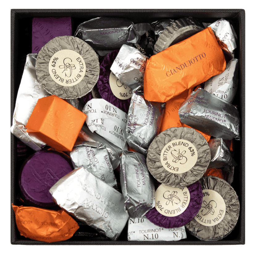 Guido Gobino assorted chocolate truffles in colorful foils, XL cube box