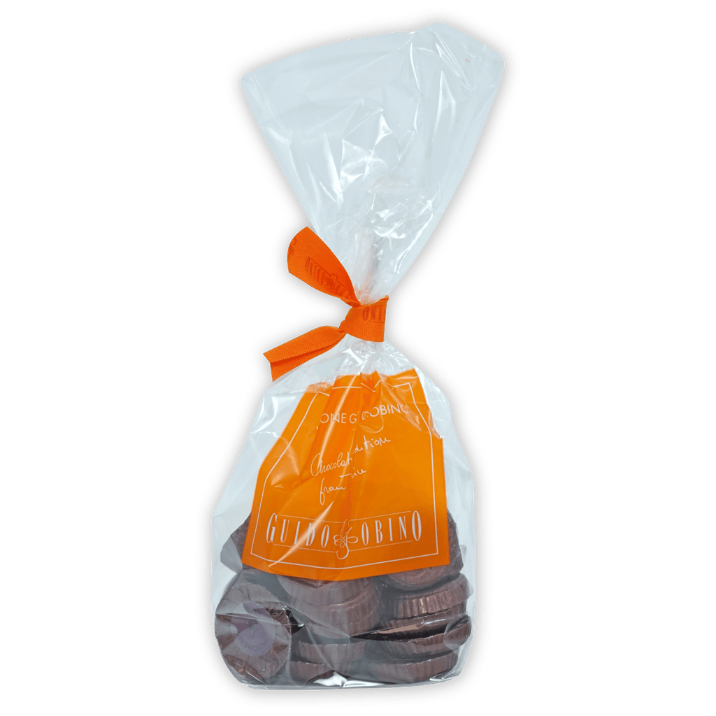 Clear plastic bag of Guido Gobino 80% chocolate disks with gulino & sobino coins