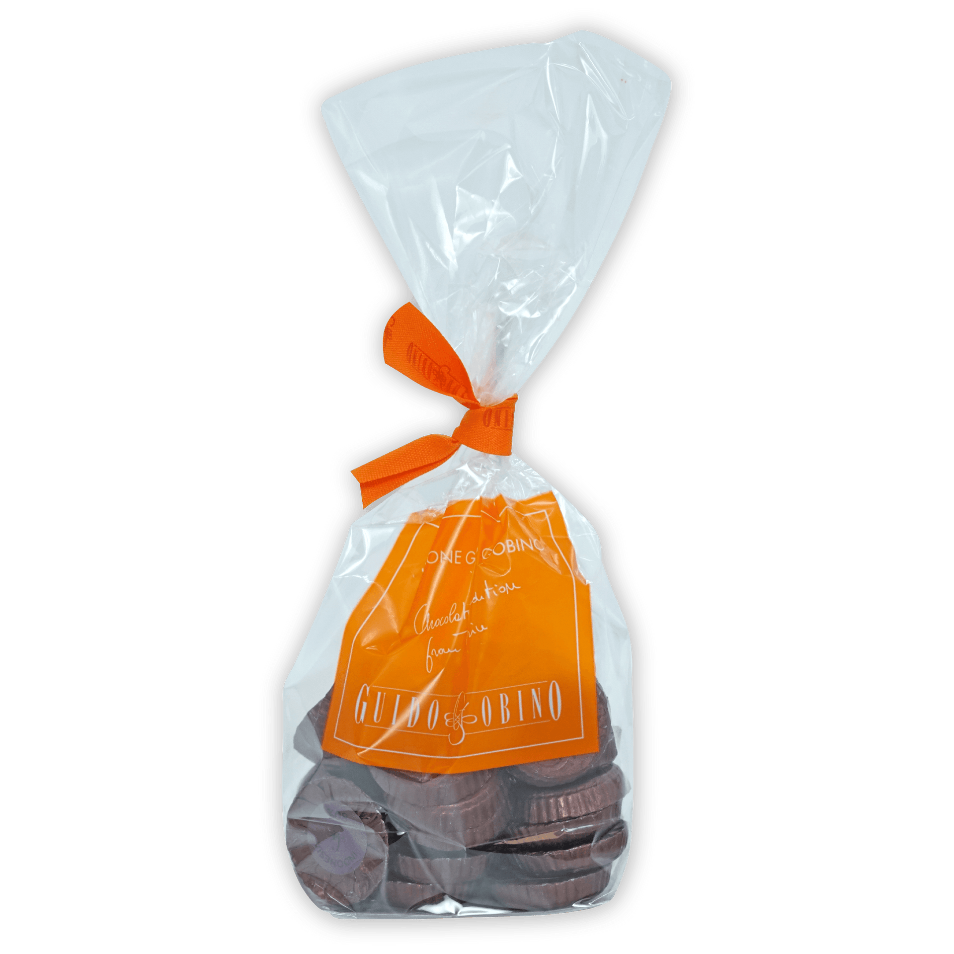Clear plastic bag of Guido Gobino 80% chocolate disks with gulino & sobino coins