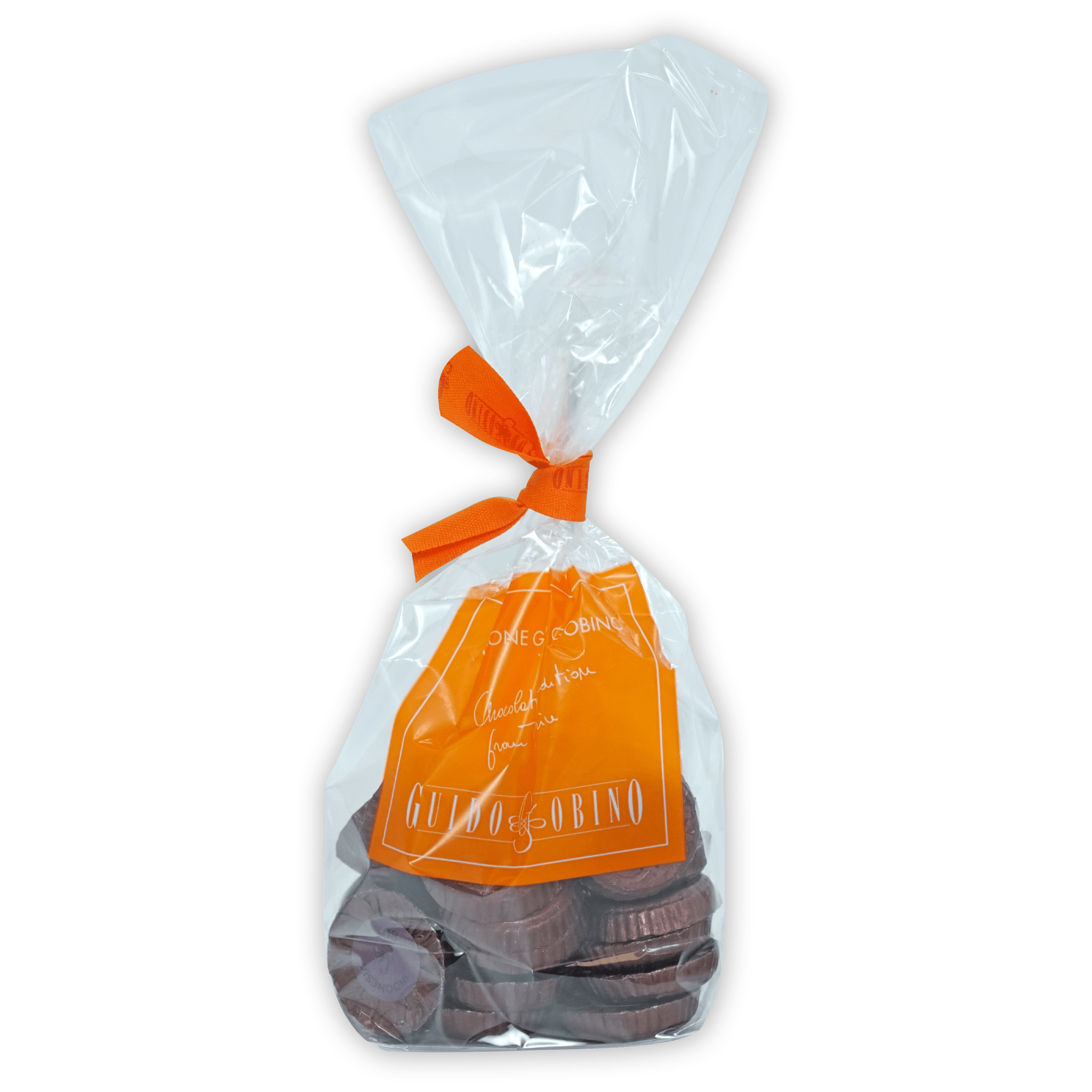 Clear plastic bag of Guido Gobino 80% chocolate disks with gulino & sobino coins