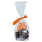 Clear plastic bag of Guido Gobino Madagascar 72% chocolate disks tied with orange ribbon