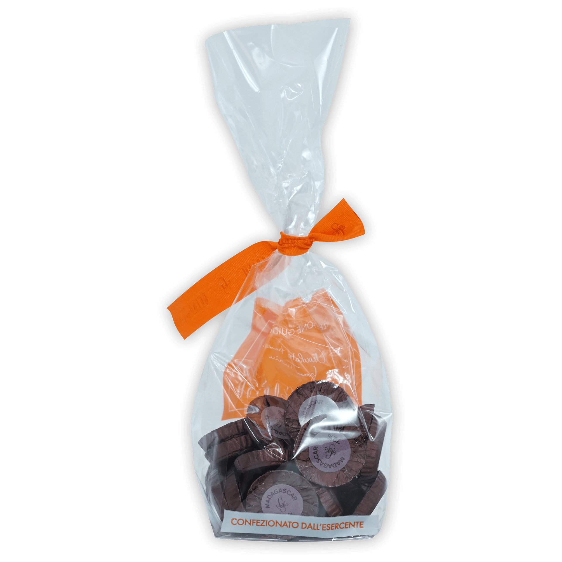 Clear plastic bag of Guido Gobino Madagascar 72% chocolate disks tied with orange ribbon