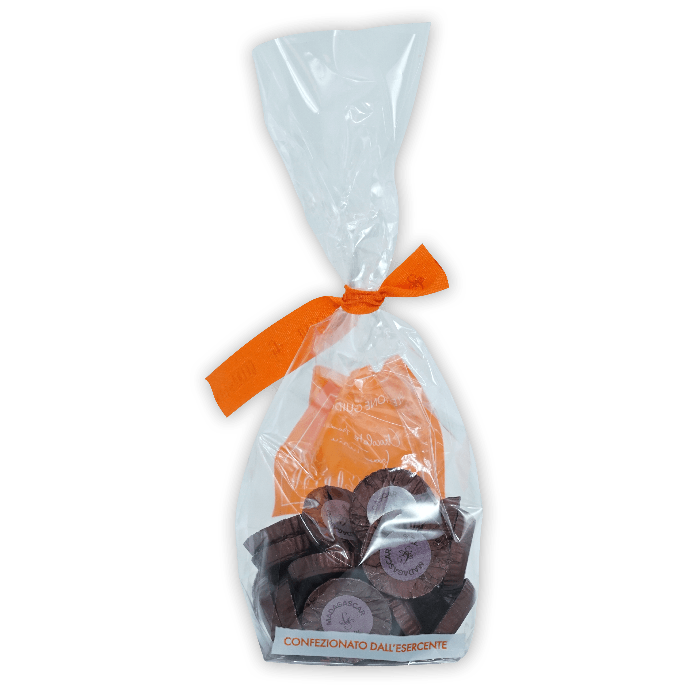Clear plastic bag of Guido Gobino Madagascar 72% chocolate disks tied with orange ribbon