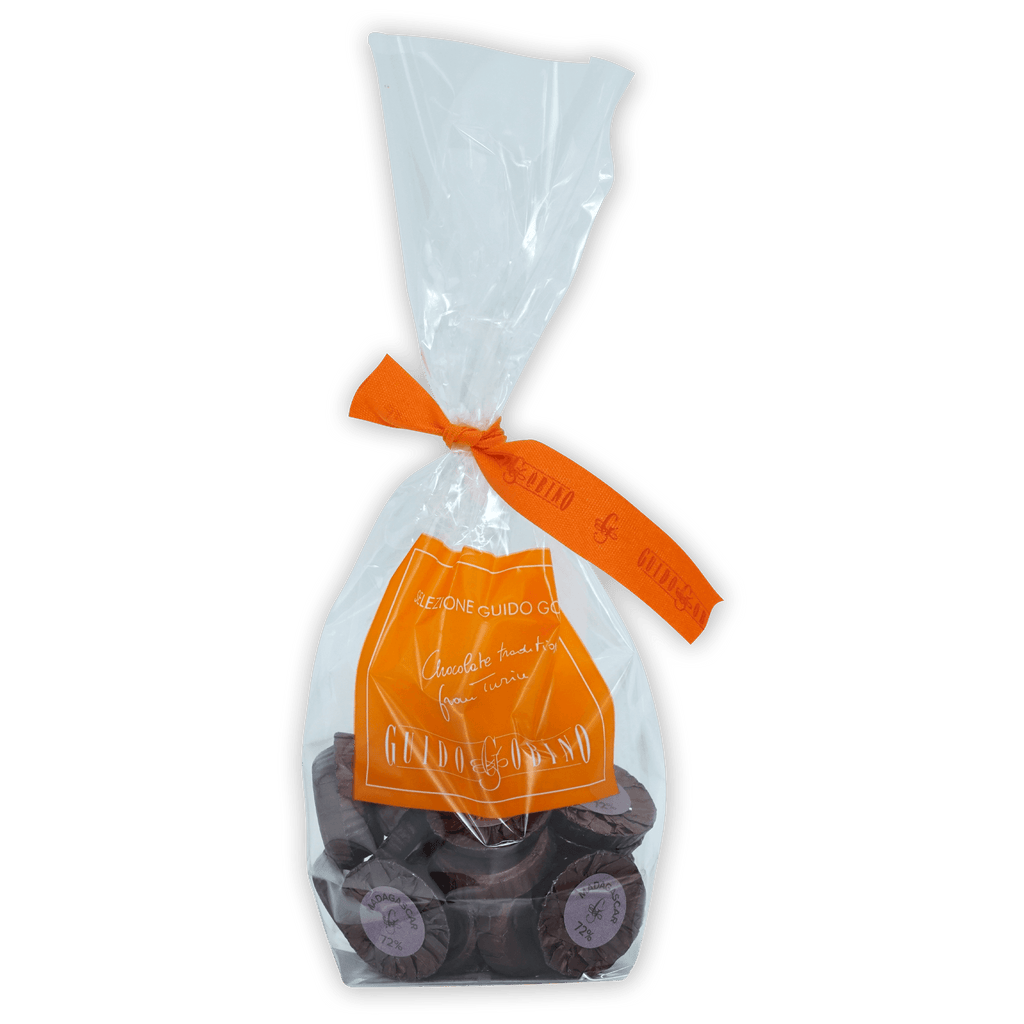 Guido Gobino 72% Madagascar chocolate disks in clear bag with orange ribbon, 25 pcs