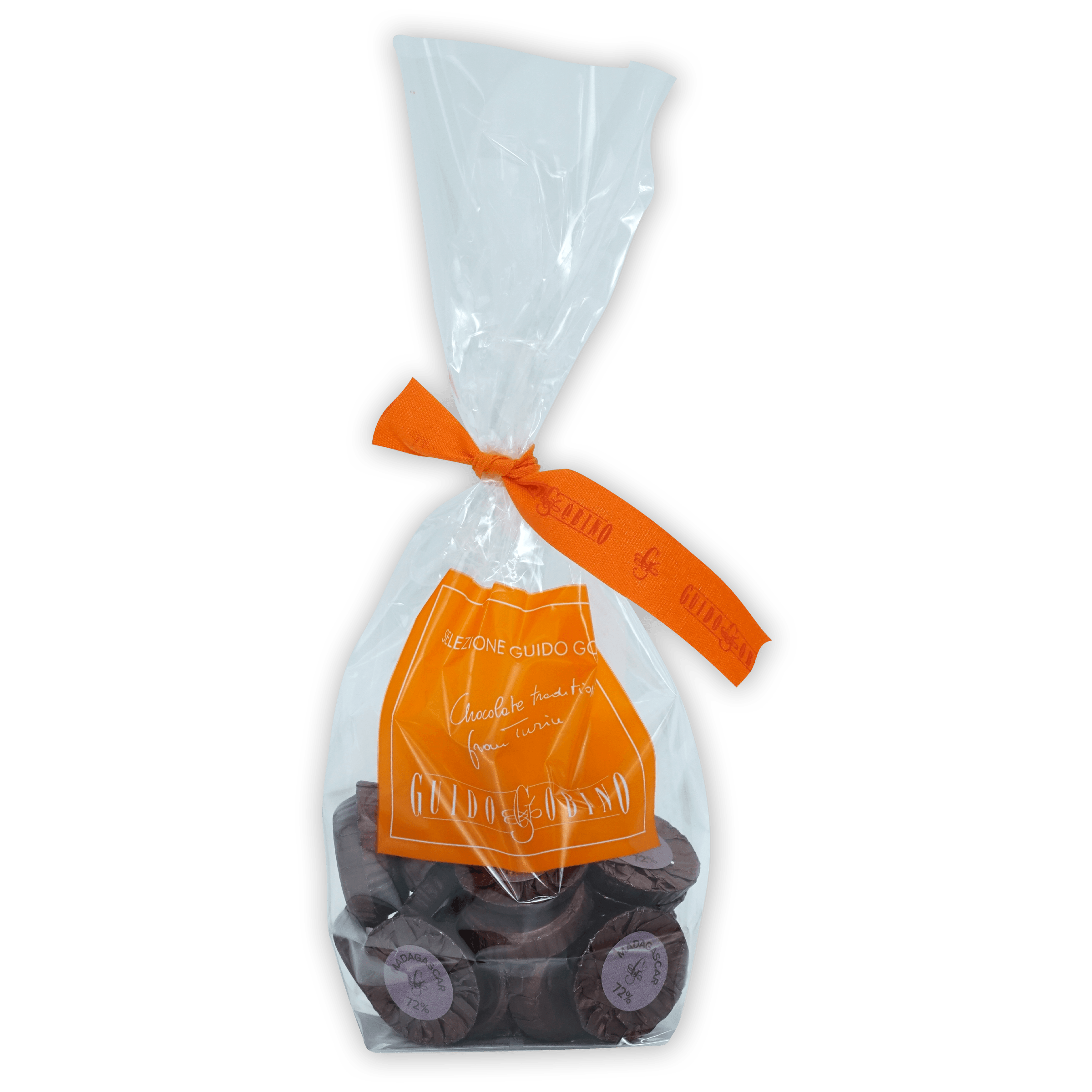 Guido Gobino 72% Madagascar chocolate disks in clear bag with orange ribbon, 25 pcs