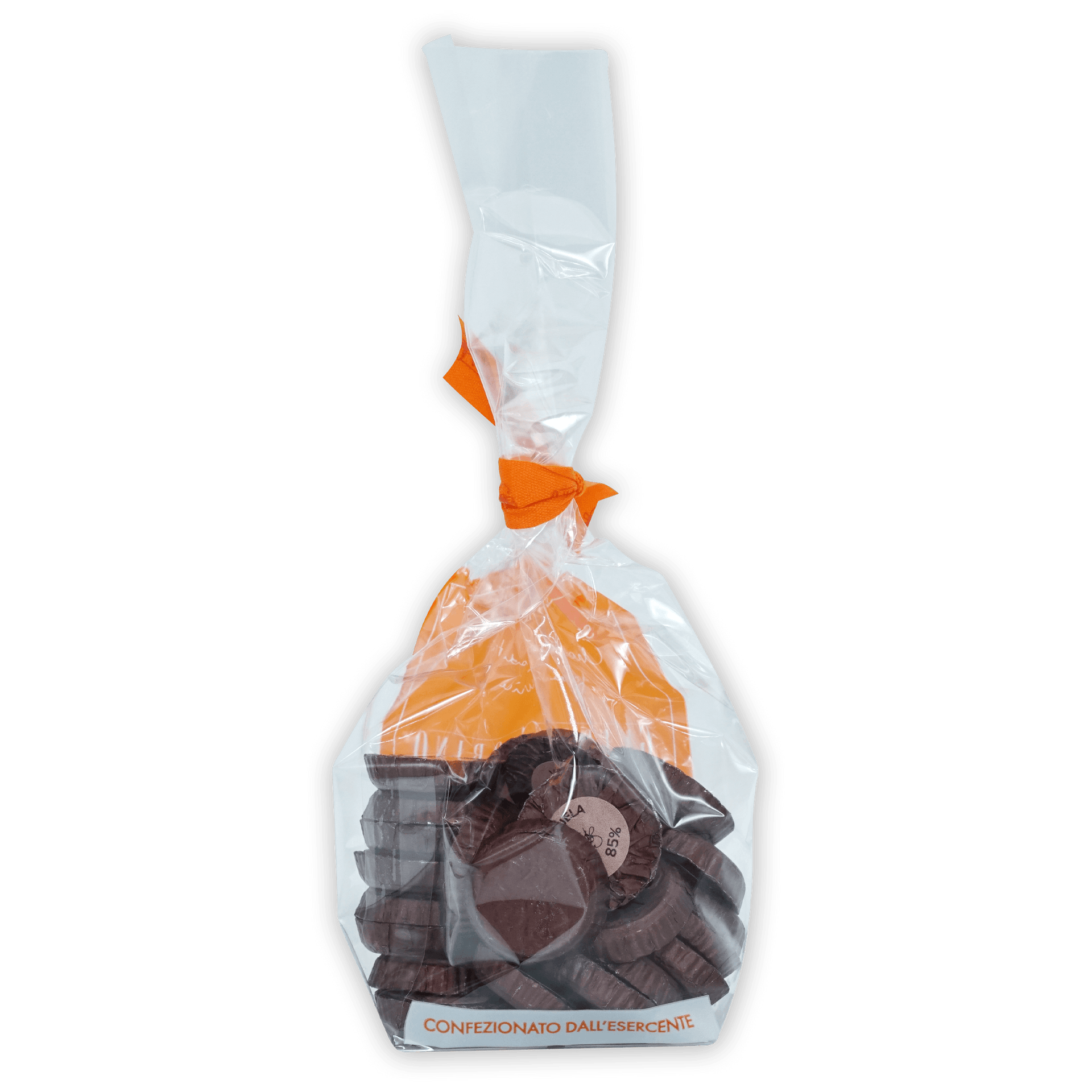 Guido Gobino Venezuela 85% chocolate disks in clear bag with orange ribbon, 25 pcs