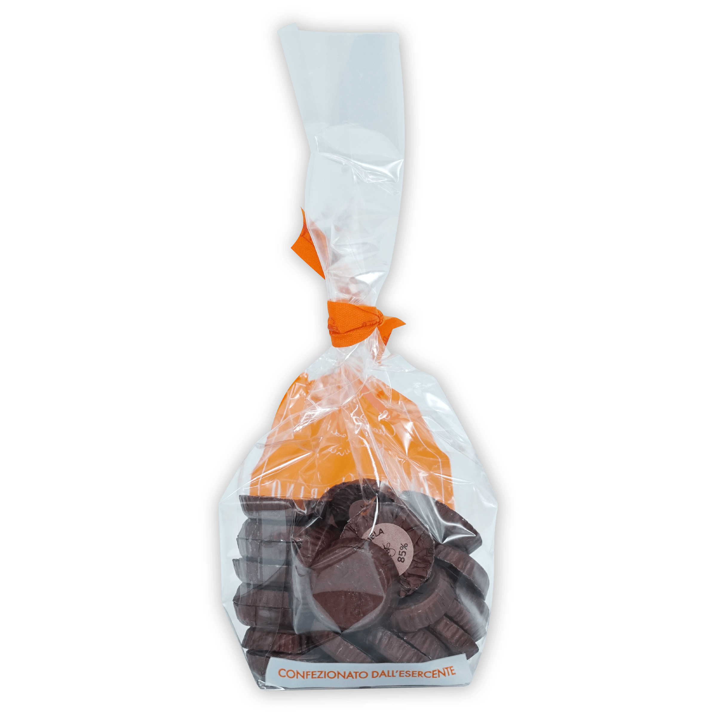 Guido Gobino Venezuela 85% chocolate disks in clear bag with orange ribbon, 25 pcs