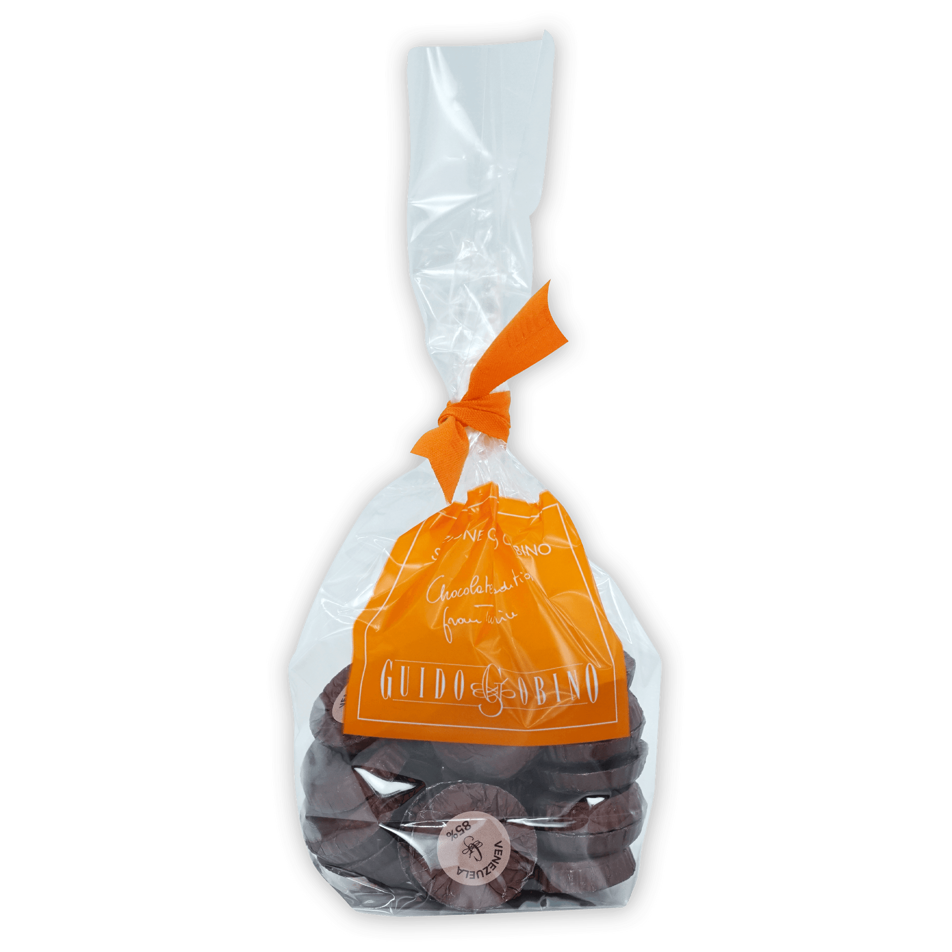 Guido Gobino 85% Venezuela chocolate disks in clear bag with orange ribbon