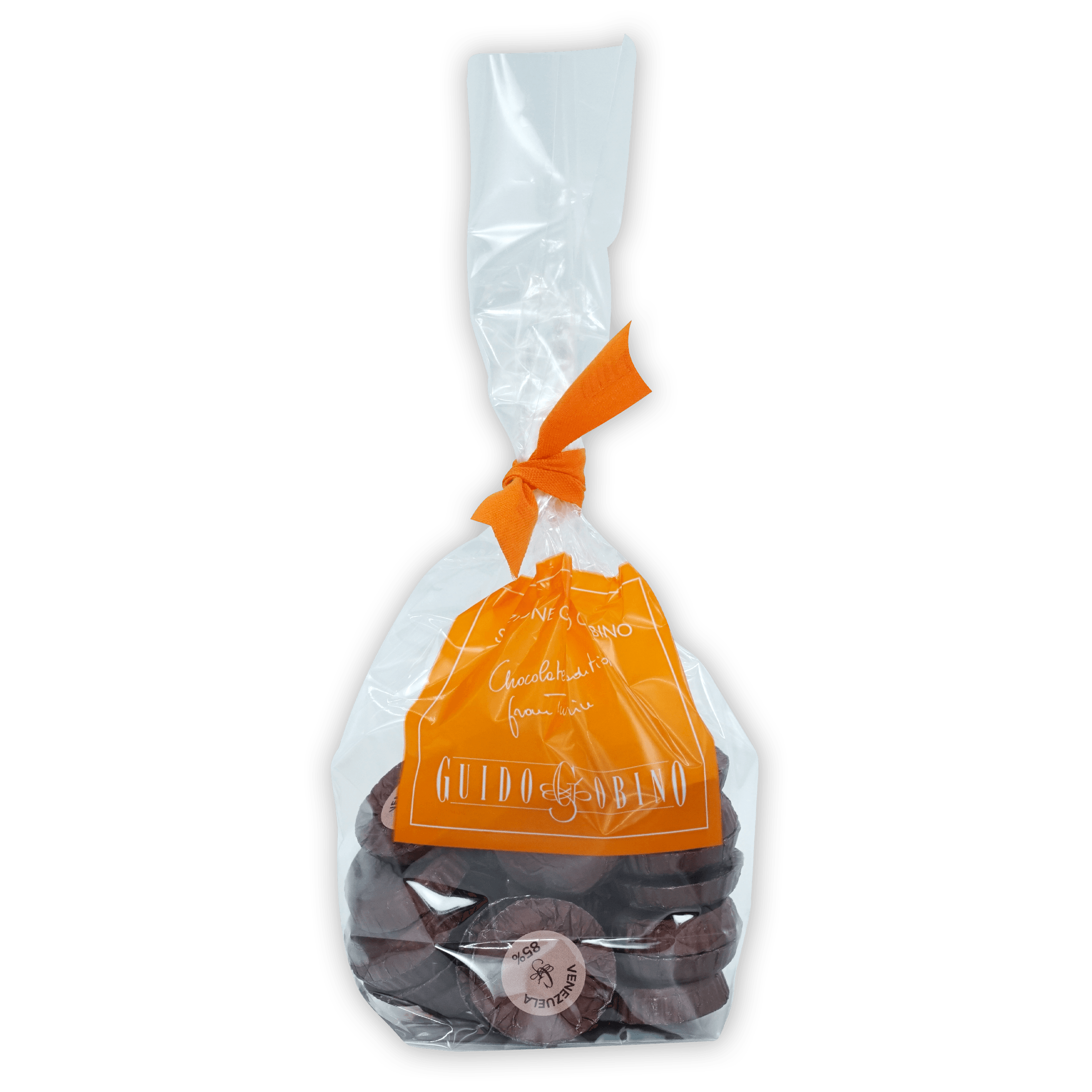 Guido Gobino 85% Venezuela chocolate disks in clear bag with orange ribbon