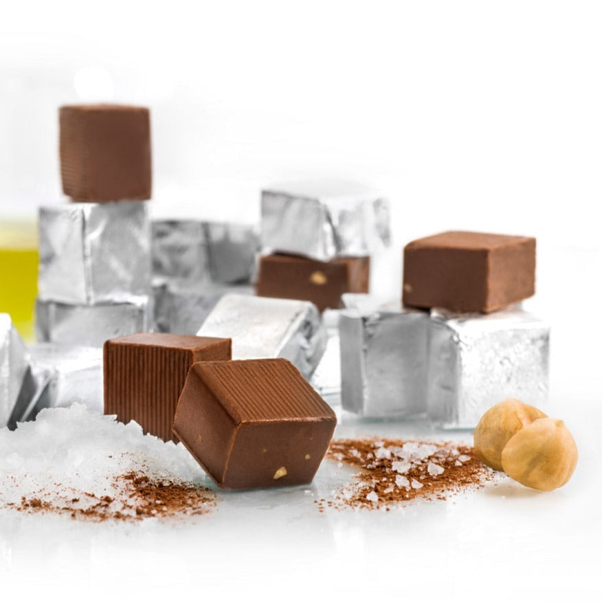 Guido Gobino Sea Salt Cremino Bag with ribbed dark chocolate squares and gold flecks