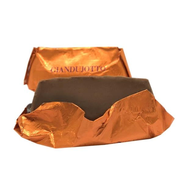 Guido Gobino classic giandujotto bag with orange foil-wrapped dark chocolate bar