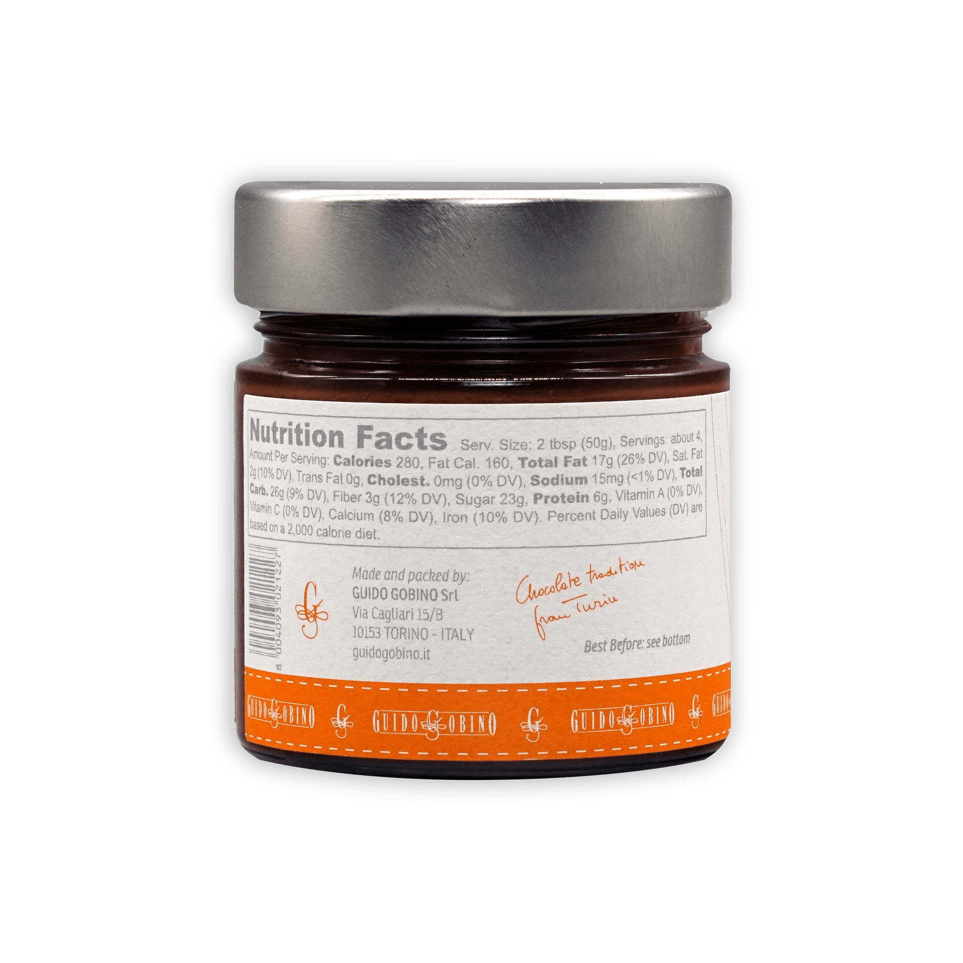 Guido Gobino Crema Gianduja dark brown jam in glass jar with silver lid