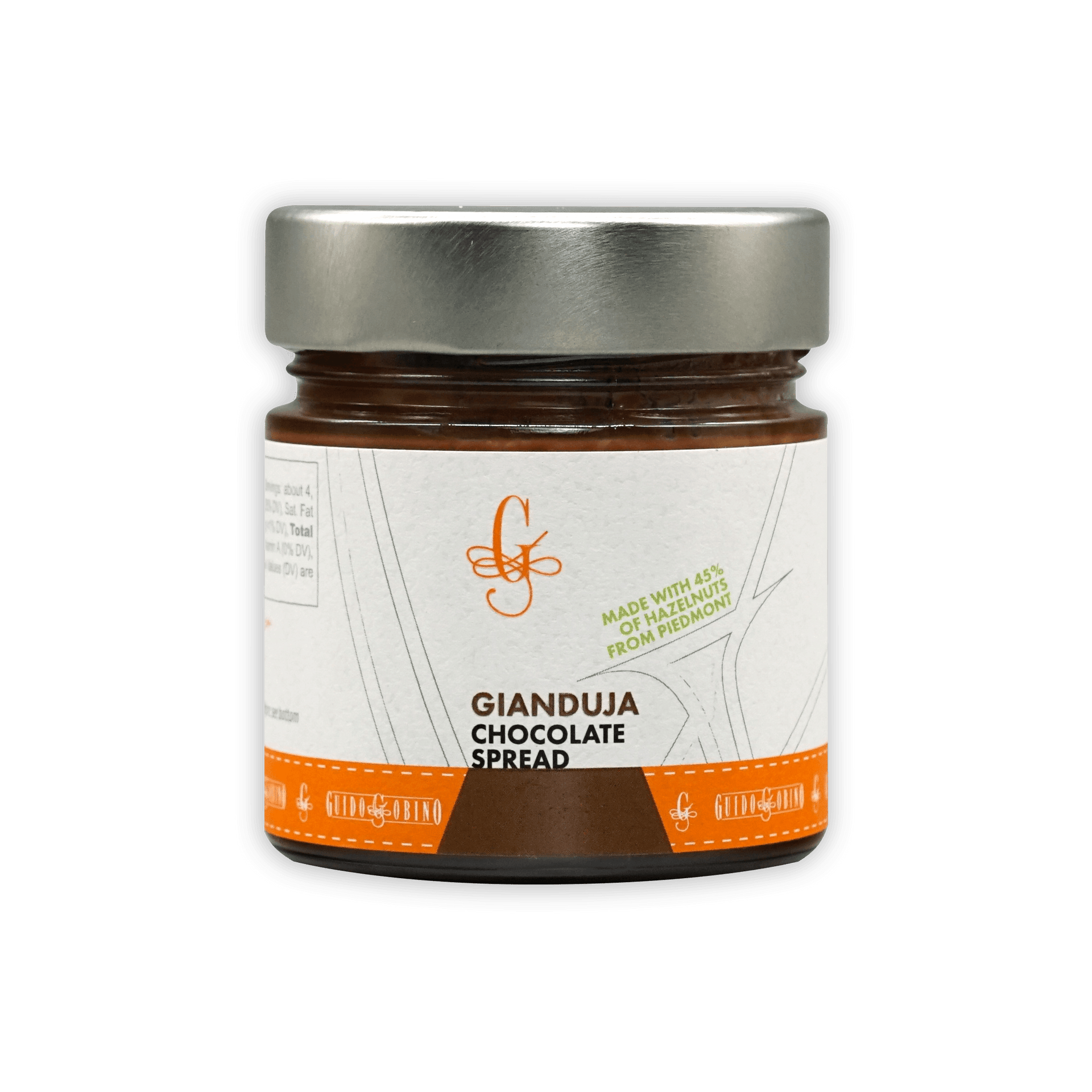 Guido Gobino crema gianduja spread jar with silver lid and orange-white label