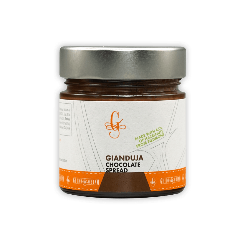 Guido Gobino crema gianduja spread jar with silver lid and orange-white label