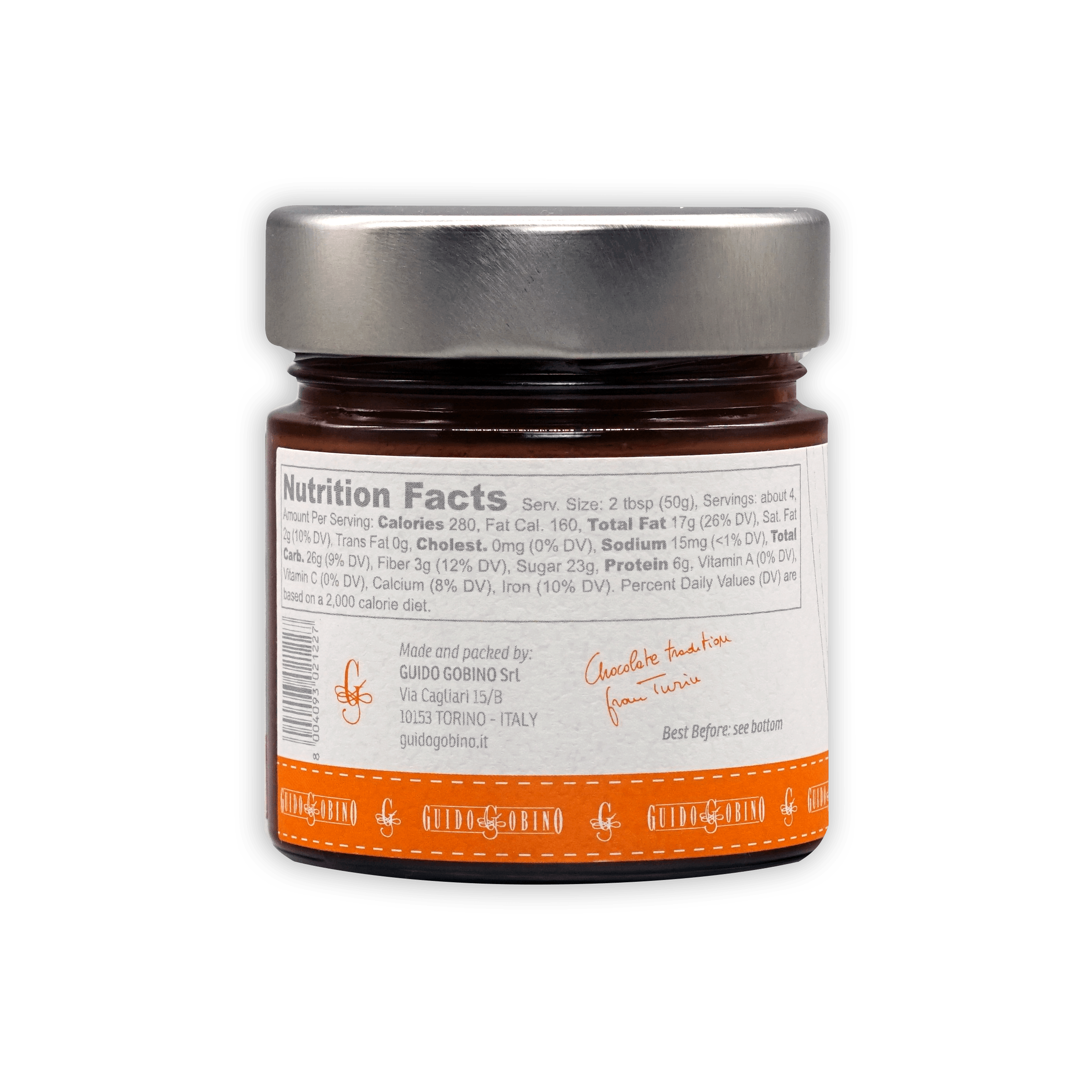 Guido Gobino Crema Gianduja dark brown jam in glass jar with silver lid