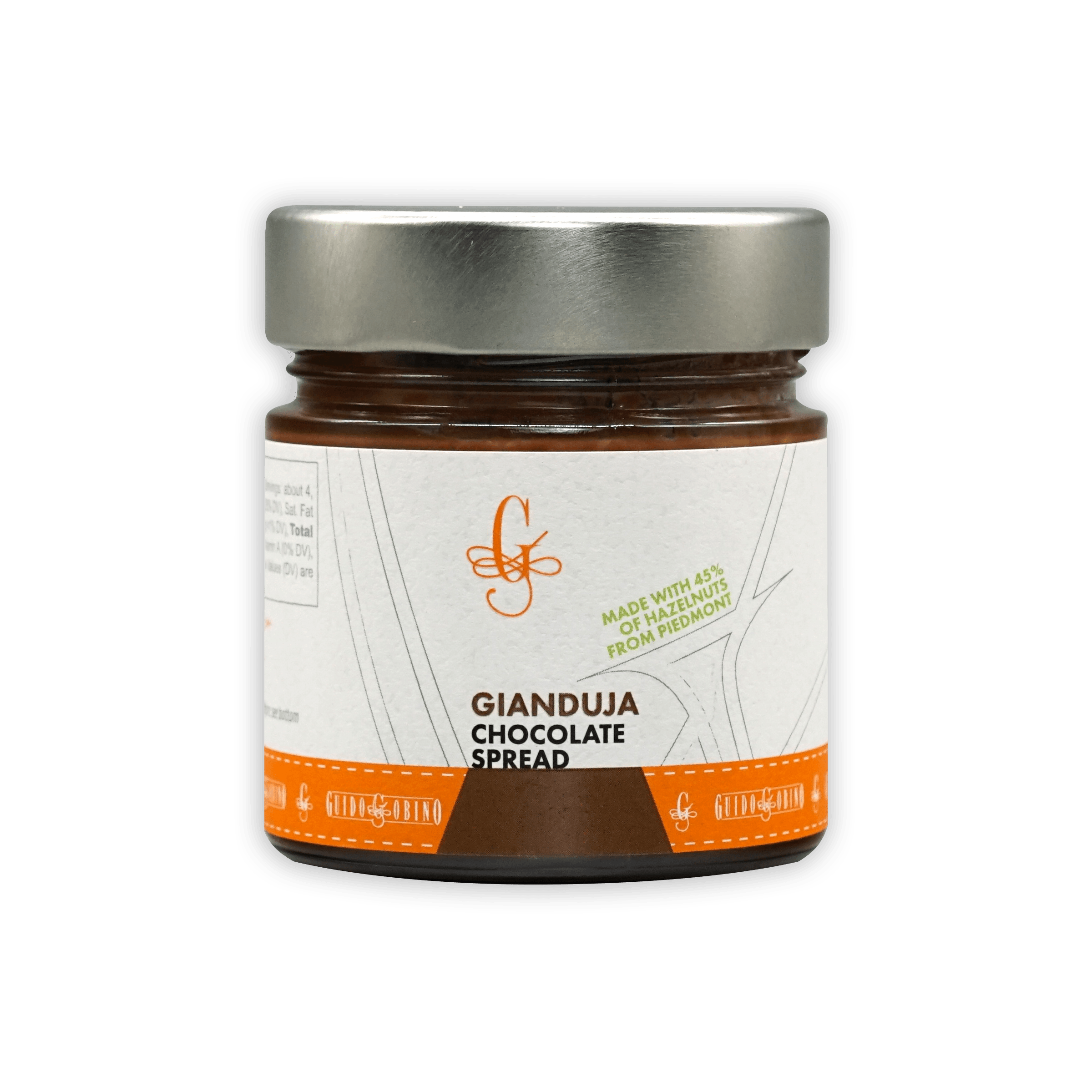 Guido Gobino crema gianduja spread jar with silver lid and orange-white label