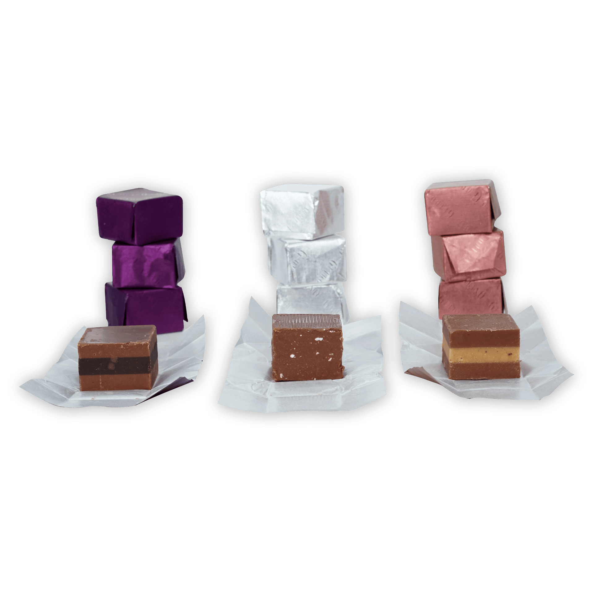 Three stacks of Guido Gobino Bulk Cremino fudge in colorful foil wrappers