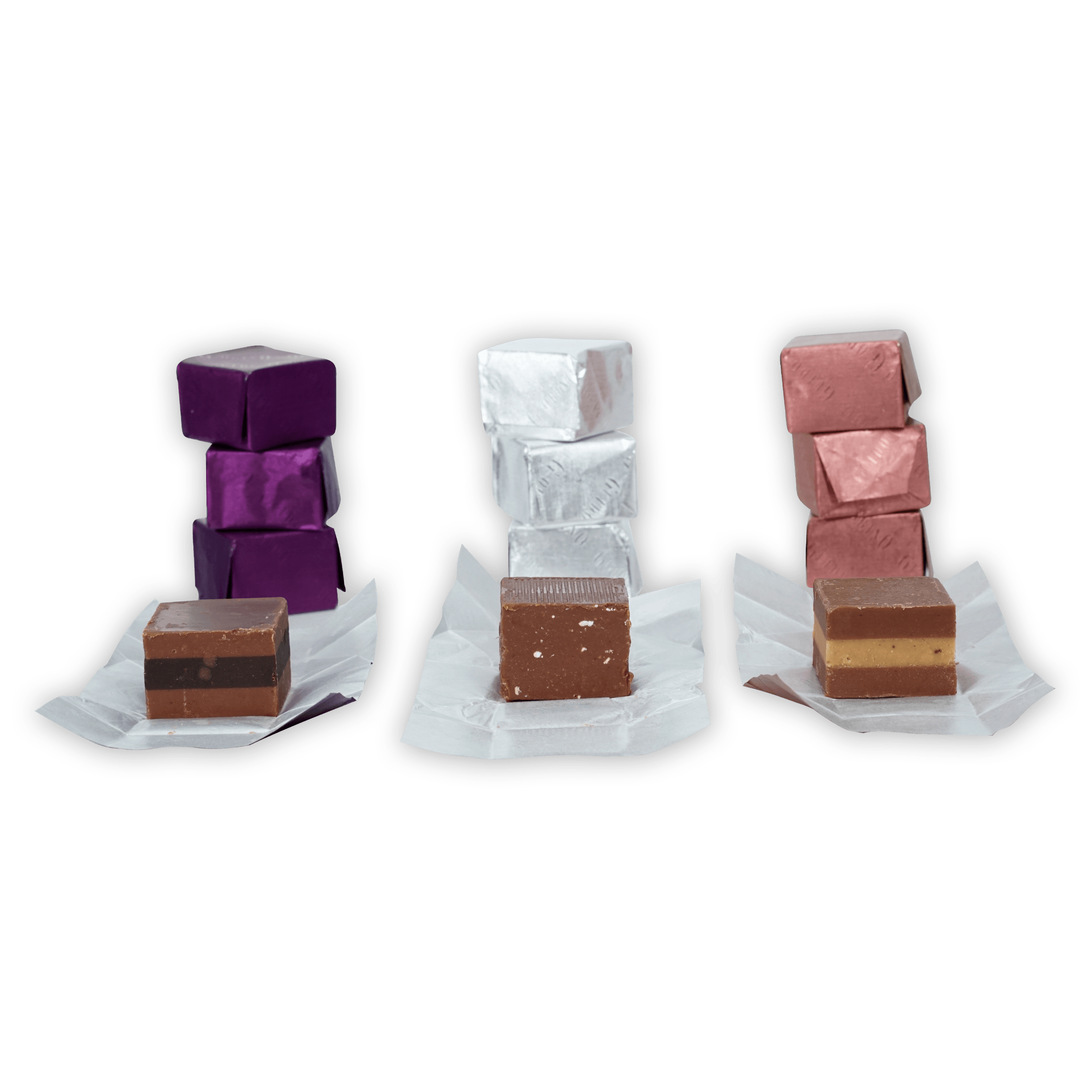 Three stacks of Guido Gobino Bulk Cremino fudge in colorful foil wrappers