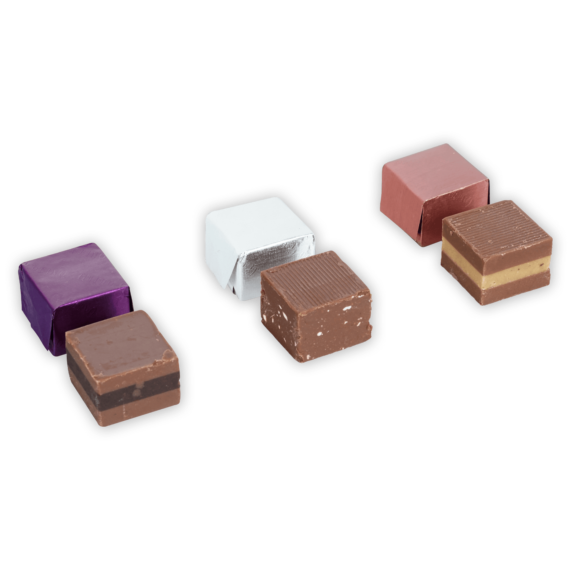 Six Guido Gobino Cremino bulk chocolate candies in assorted foil wraps