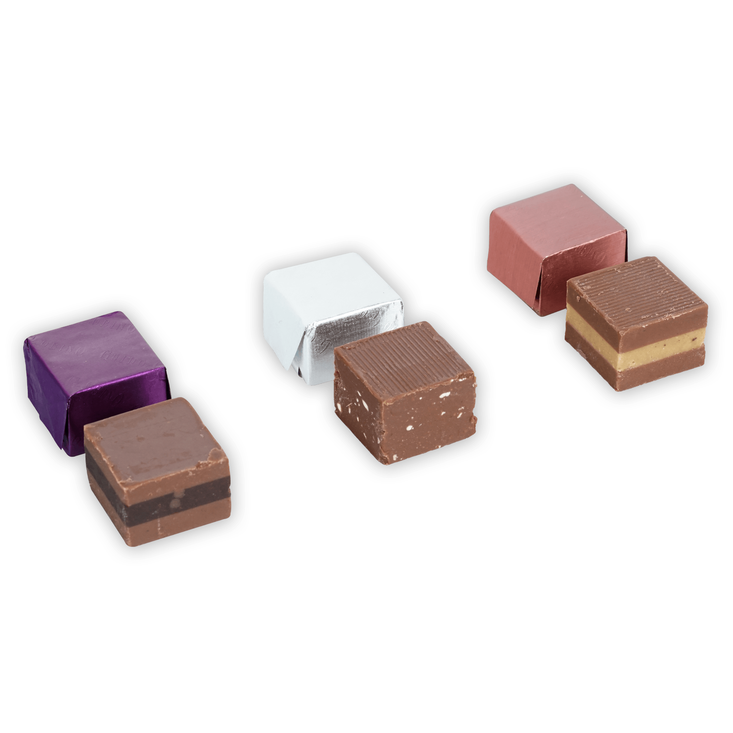 Six Guido Gobino Cremino bulk chocolate candies in assorted foil wraps