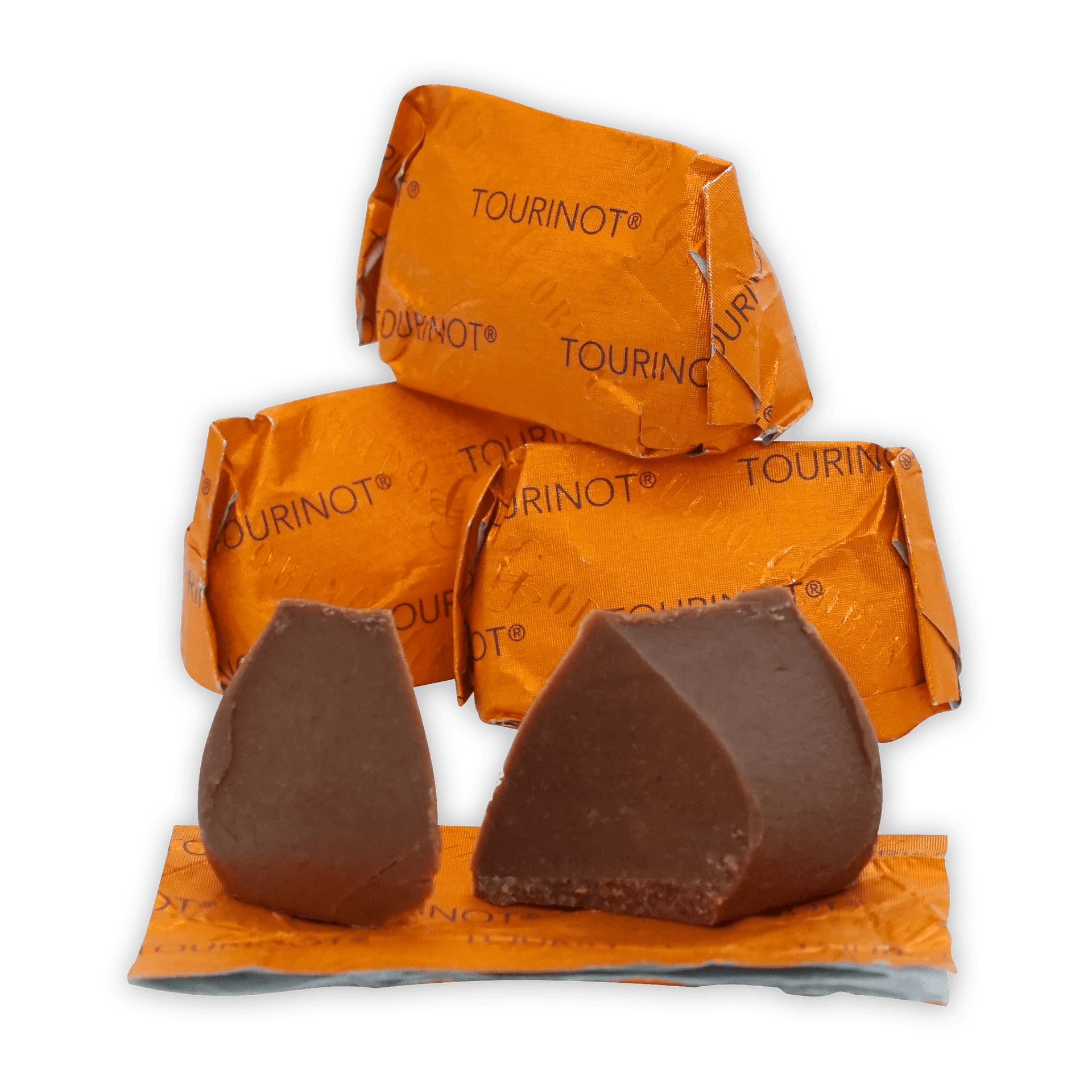 Two Guido Gobino Tourinot Classico dark chocolate pieces on orange foil