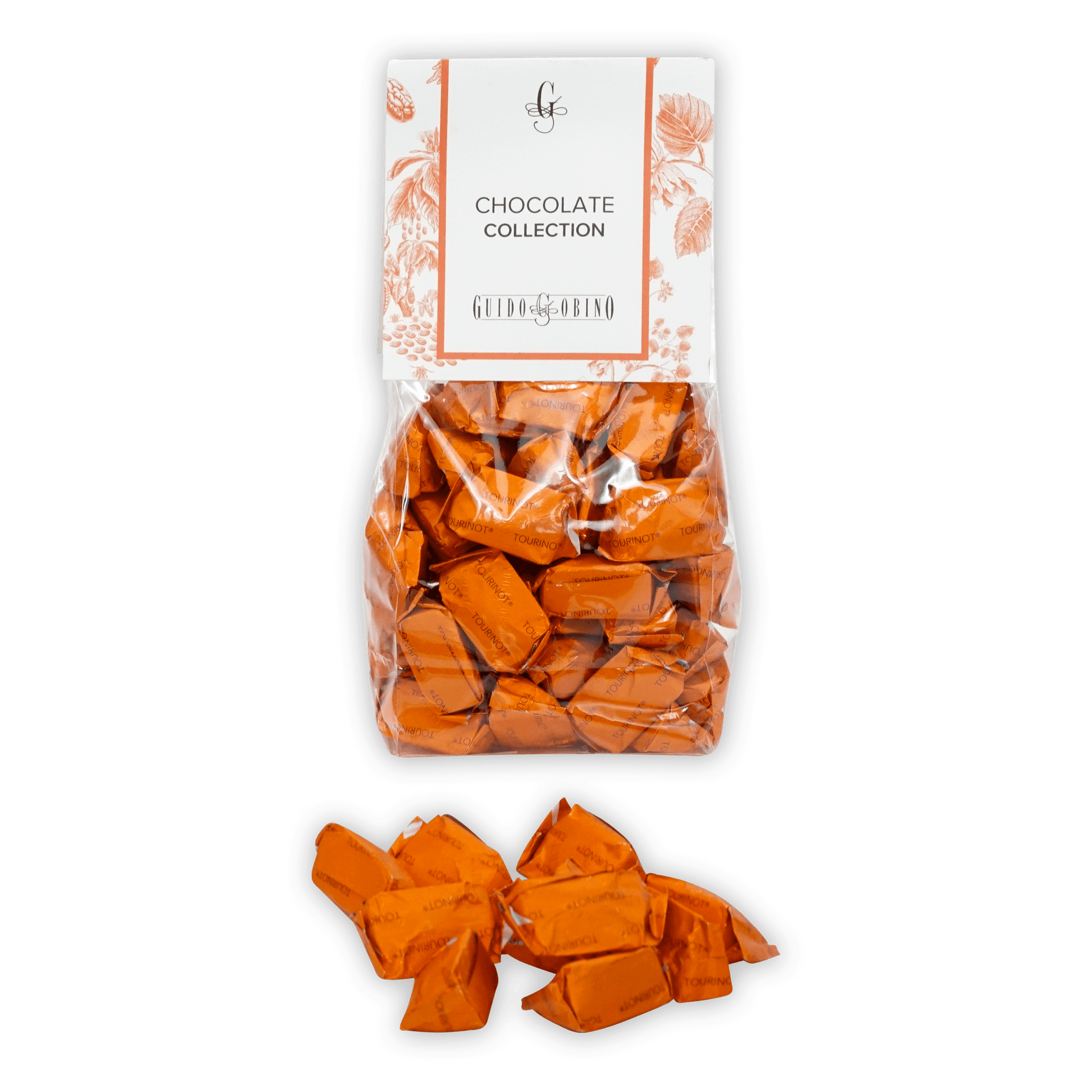 Guido Gobino Tourinot Classico bag of orange-wrapped chocolate candies