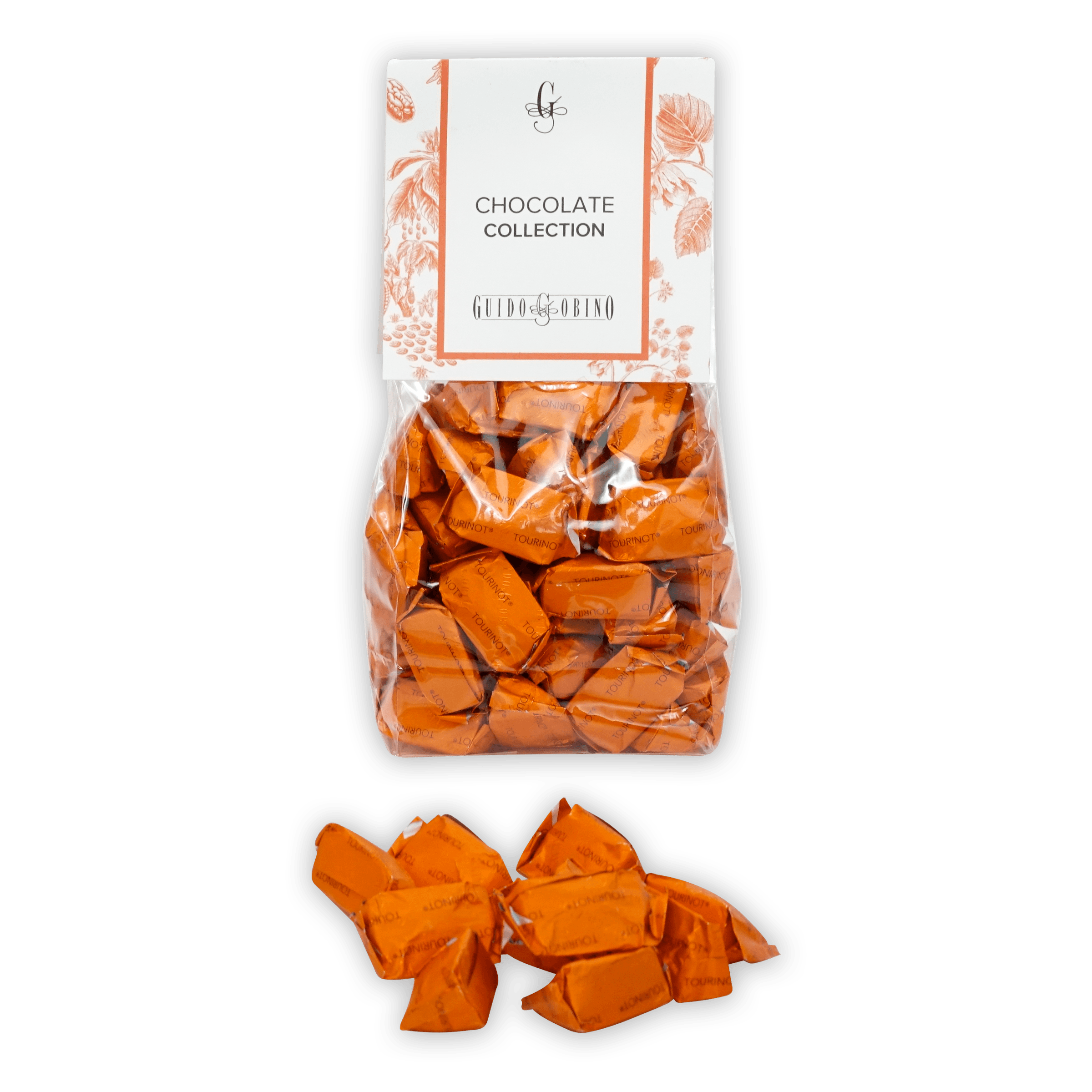 Guido Gobino Tourinot Classico bag of orange-wrapped chocolate candies