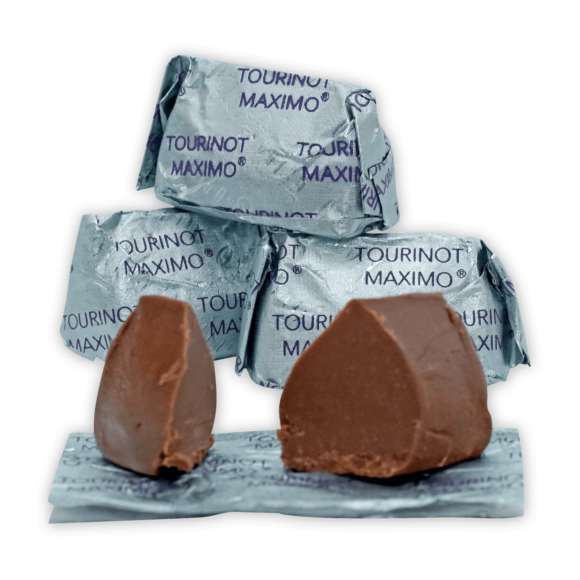 Two Guido Gobino Tourinot Maximo chocolates on foil packaging