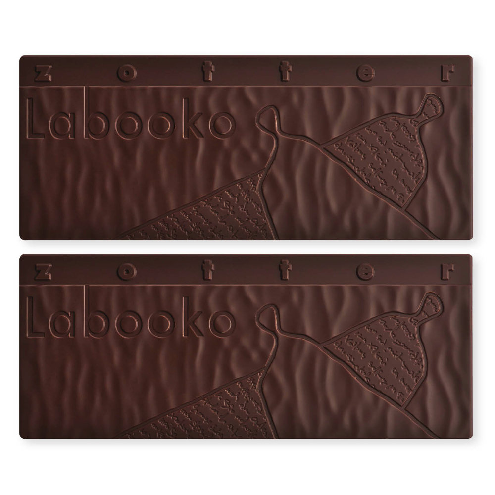 Labooko Peru 100% dark chocolate bars with embossed dress texture