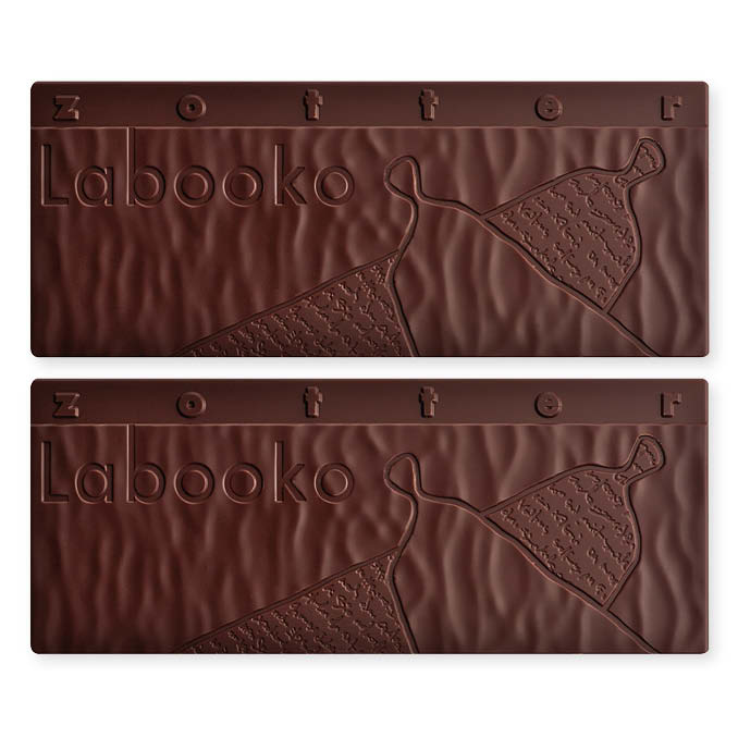 Labooko Belize Toledo 82% dark chocolate bars with embossed branding