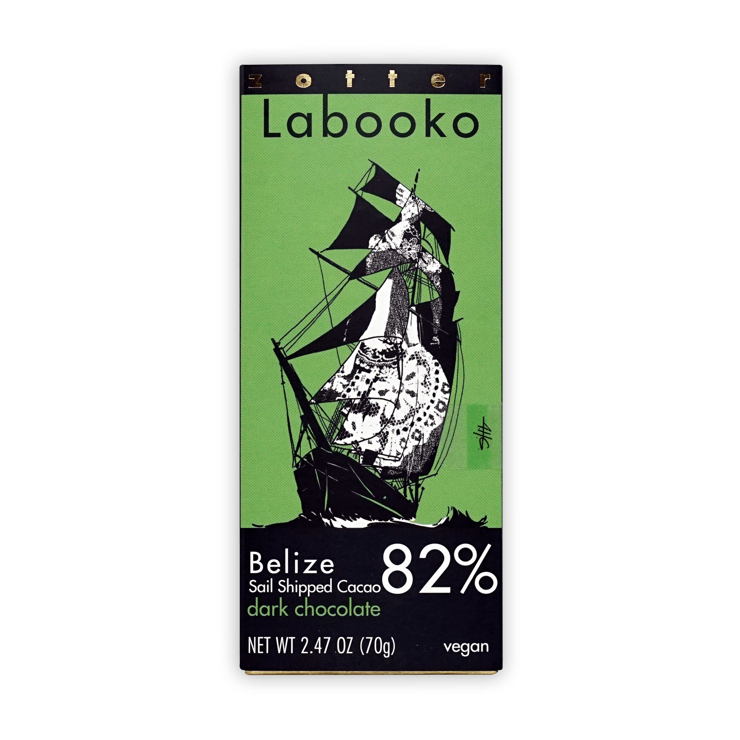 Labooko Belize Toledo 82% dark chocolate bar with sailing ship wrapper