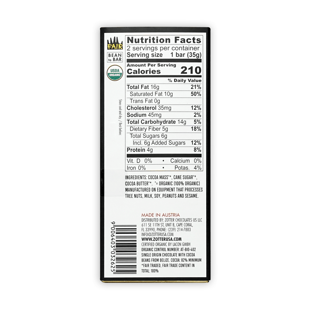 Labooko Belize Toledo 82% chocolate bar back wrapper with fair trade, USDA organic labels
