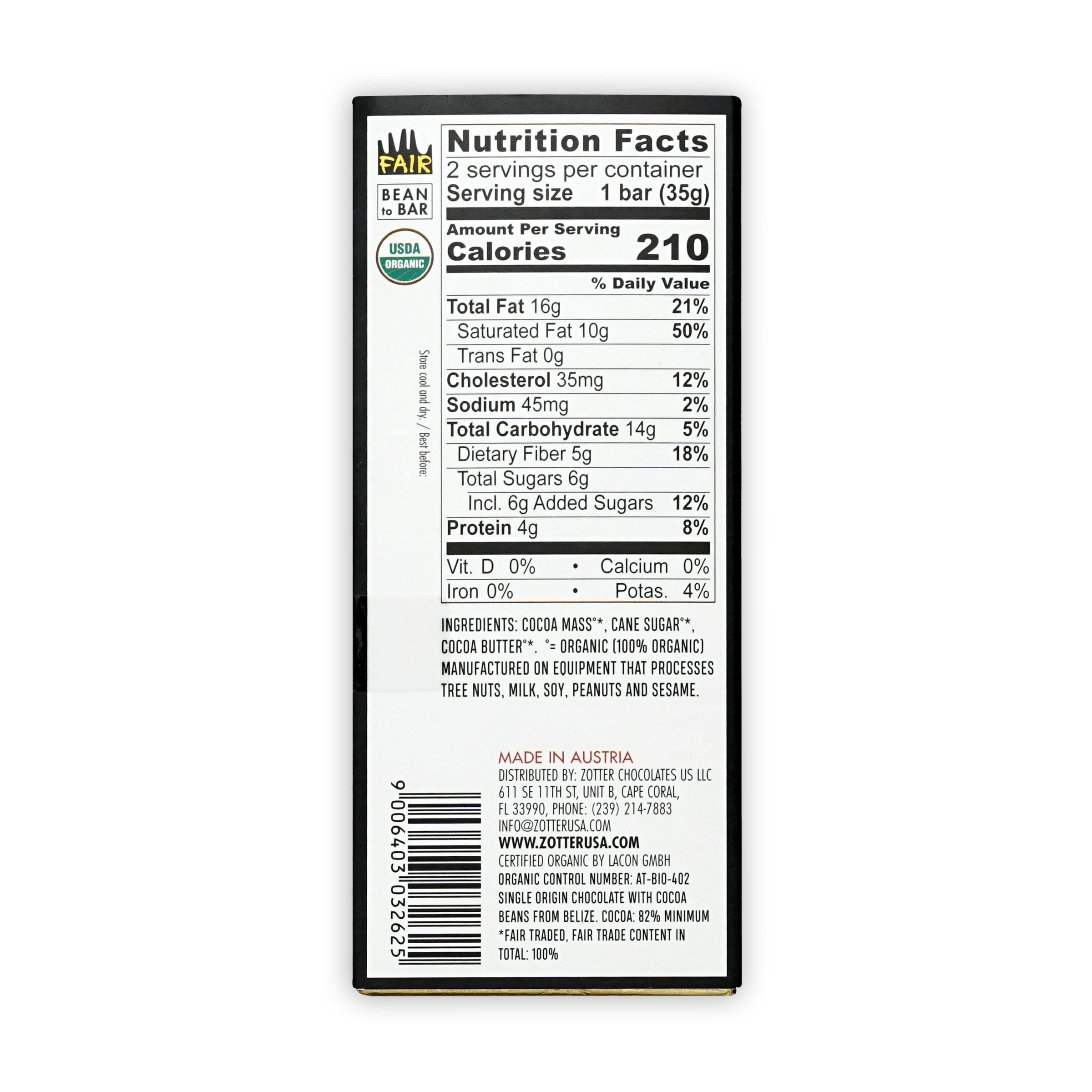 Labooko Belize Toledo 82% chocolate bar back wrapper with fair trade, USDA organic labels