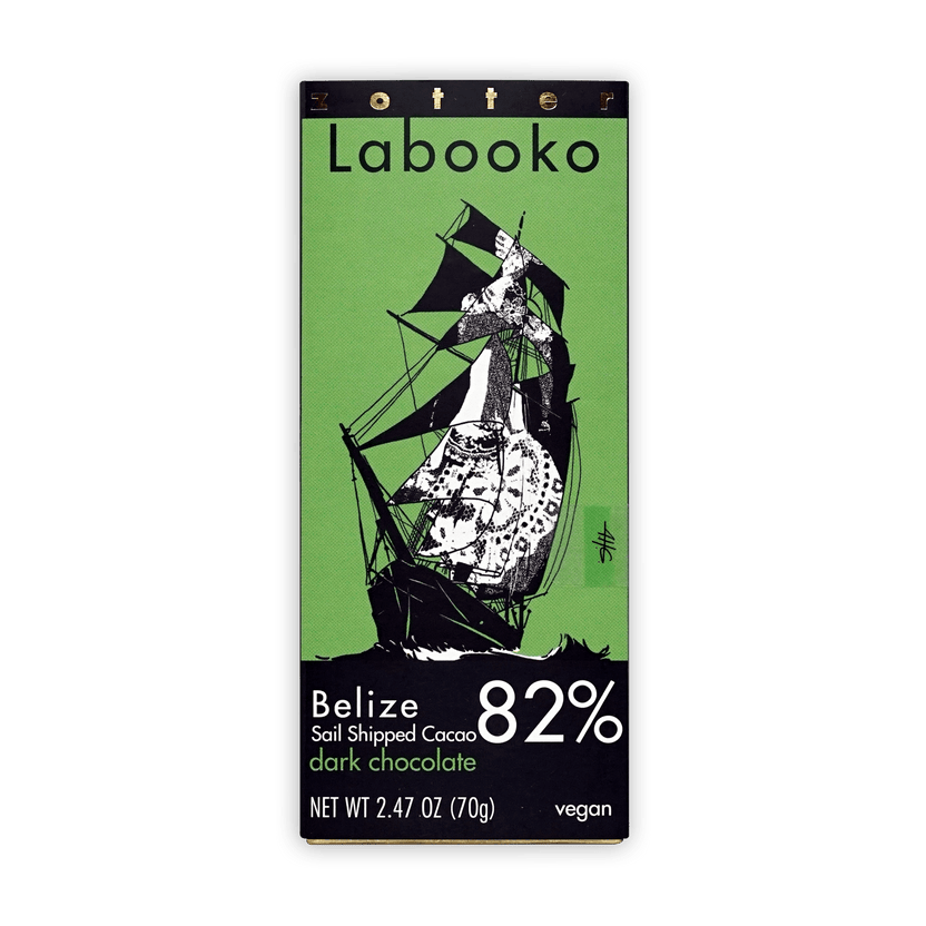 Labooko Belize Toledo 82% dark chocolate bar with sailing ship wrapper